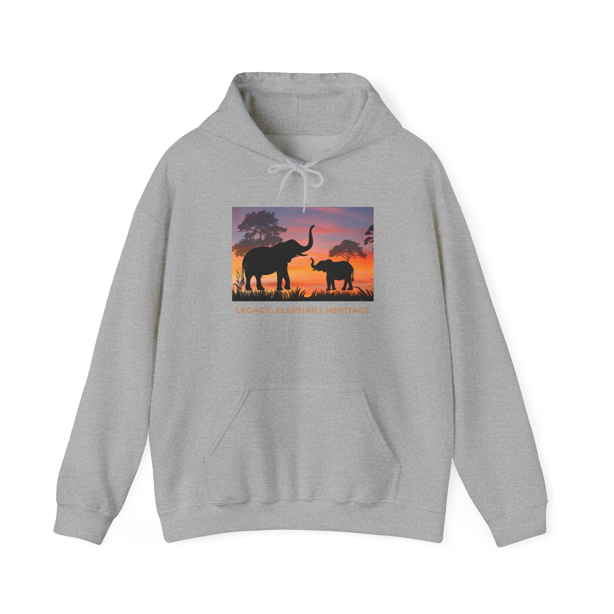 Elephant Sunset Hoodie — "Legacy, Elephant Heritage" Graphic Sweatshirt