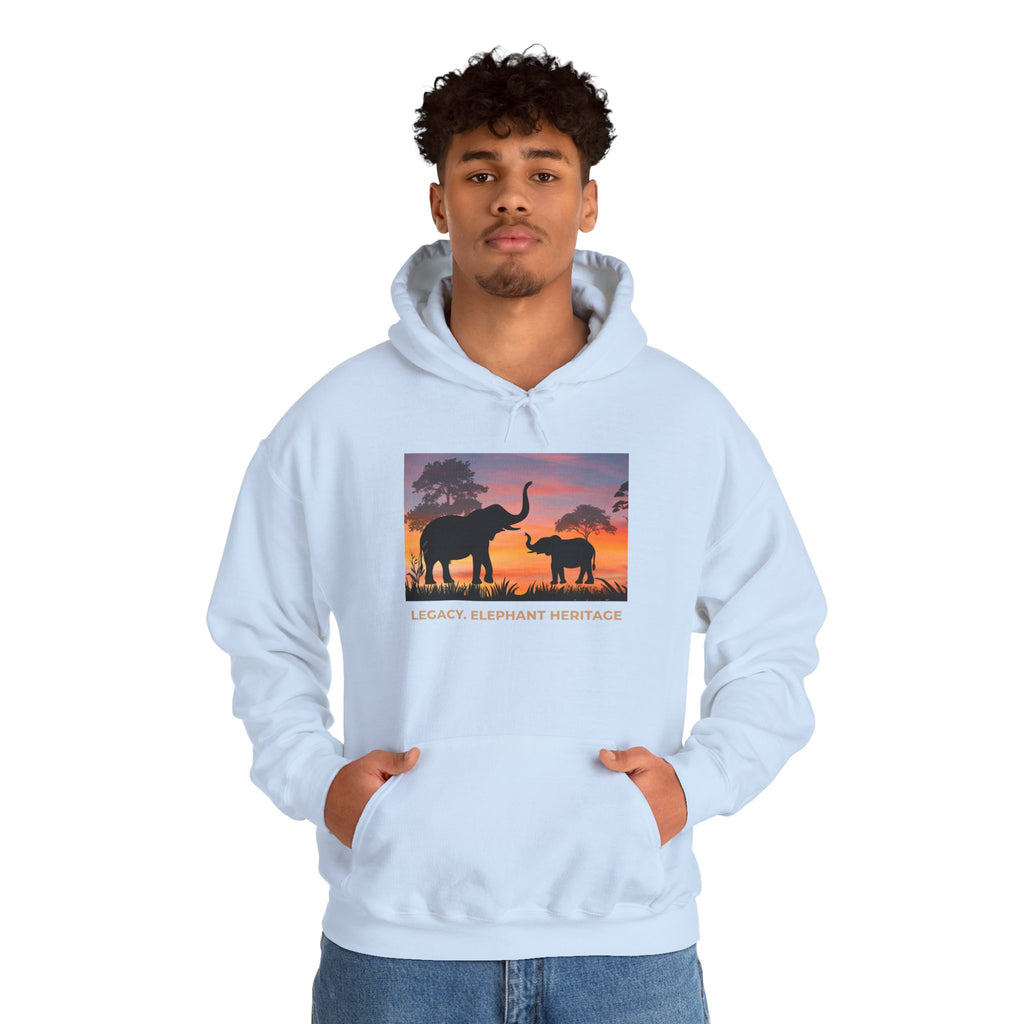 Elephant Sunset Hoodie — "Legacy, Elephant Heritage" Graphic Sweatshirt