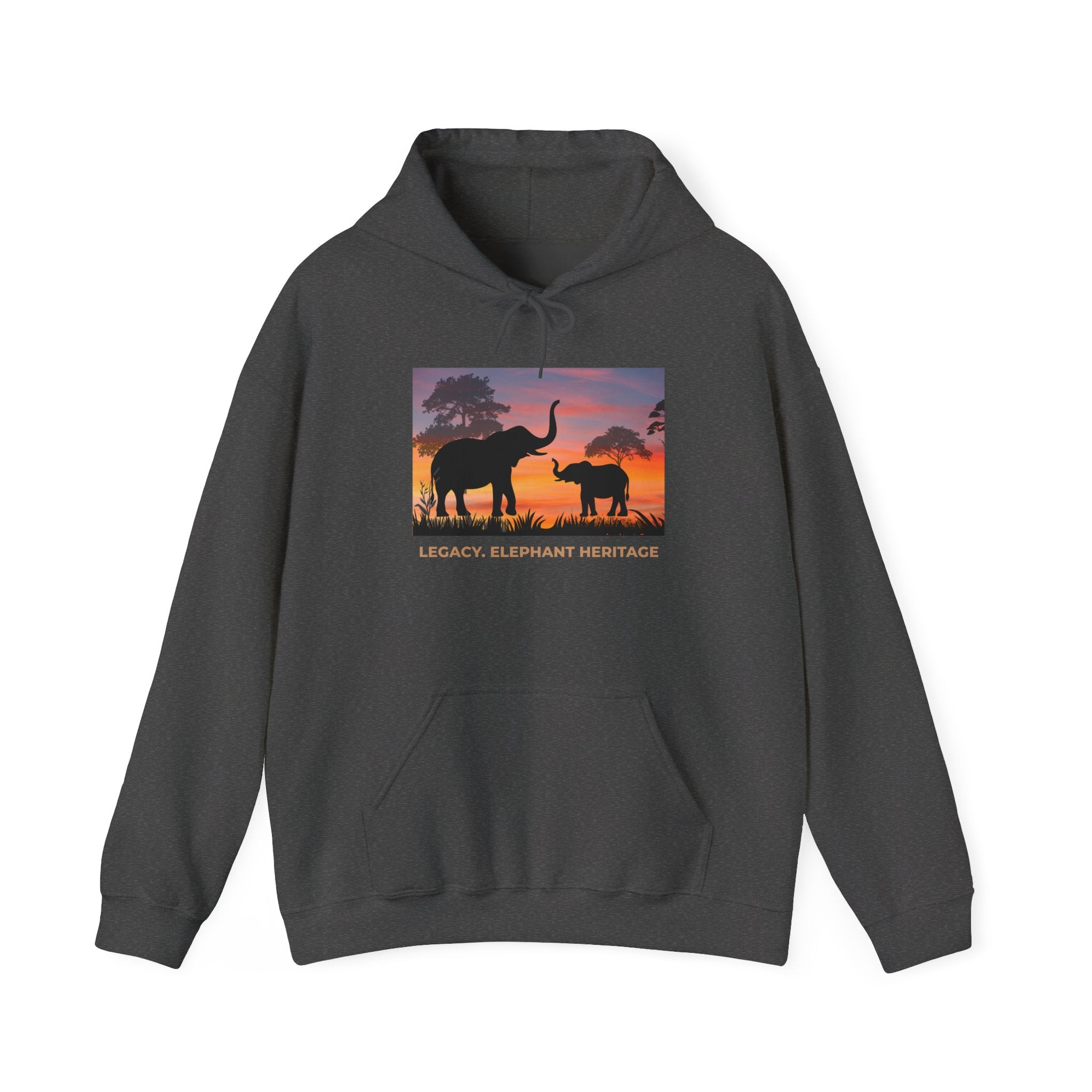 Elephant Sunset Hoodie — "Legacy, Elephant Heritage" Graphic Sweatshirt