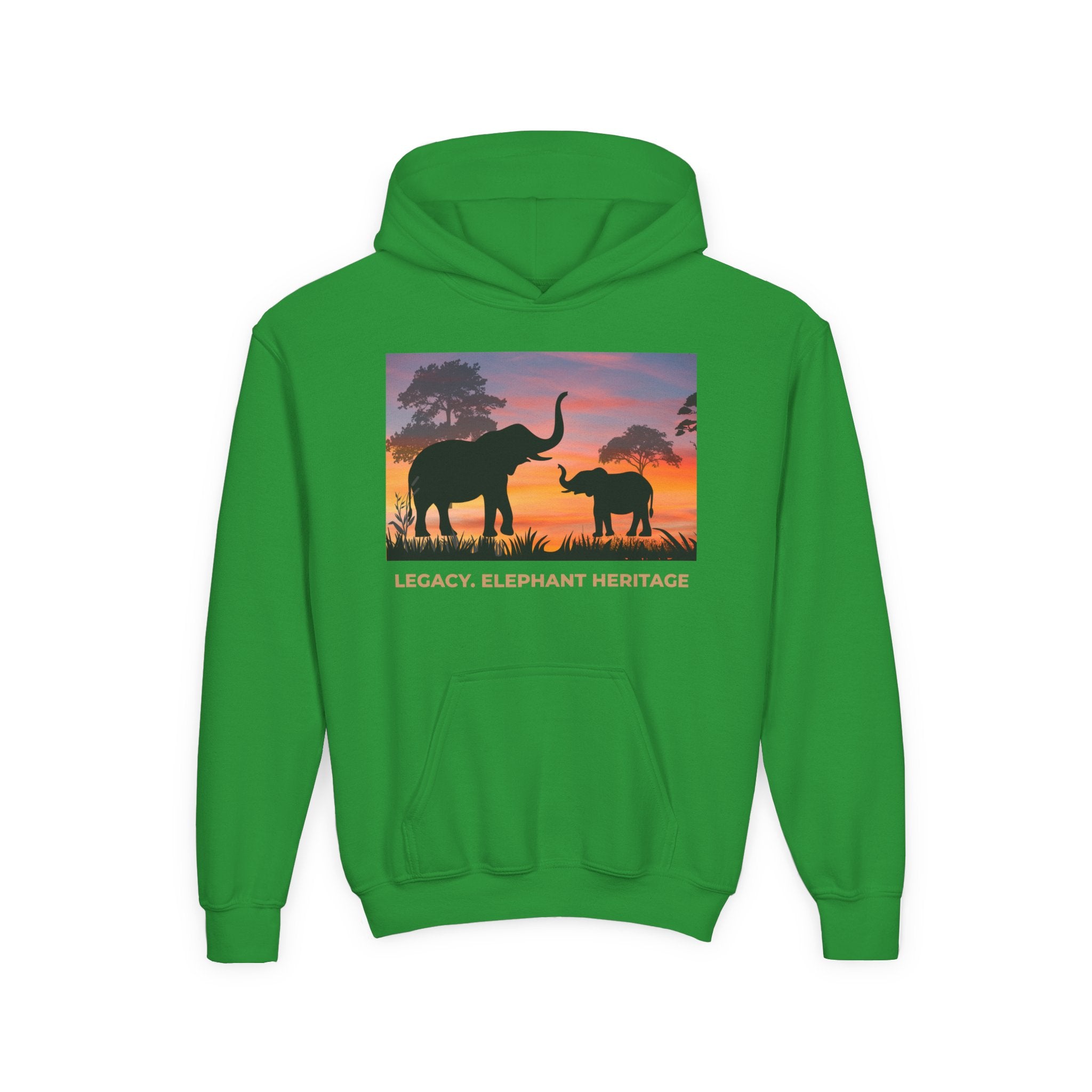 Elephant Sunset Youth Hoodie — "Legacy. Elephant Heritage" Graphic