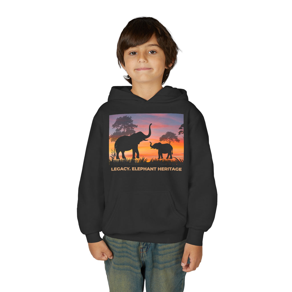 Elephant Sunset Youth Hoodie — "Legacy. Elephant Heritage" Graphic
