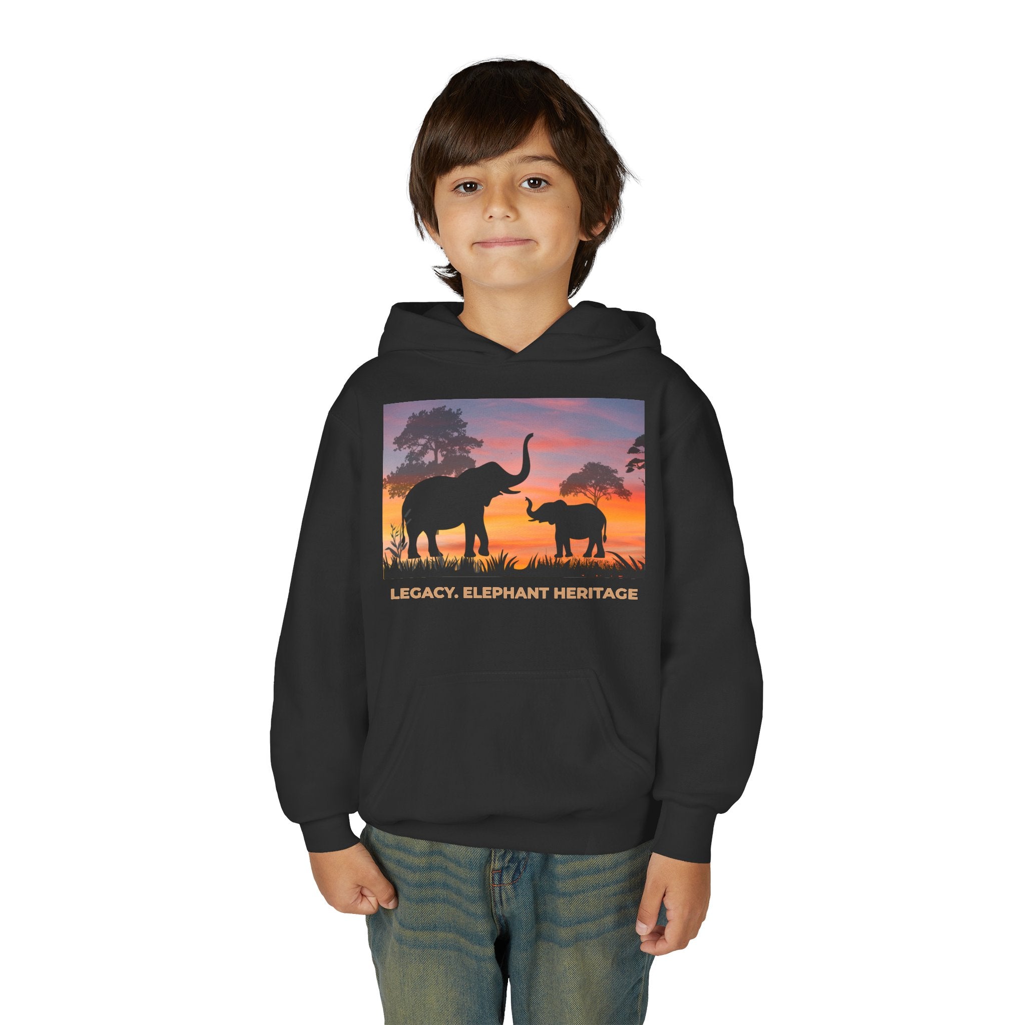 Elephant Sunset Youth Hoodie — "Legacy. Elephant Heritage" Graphic