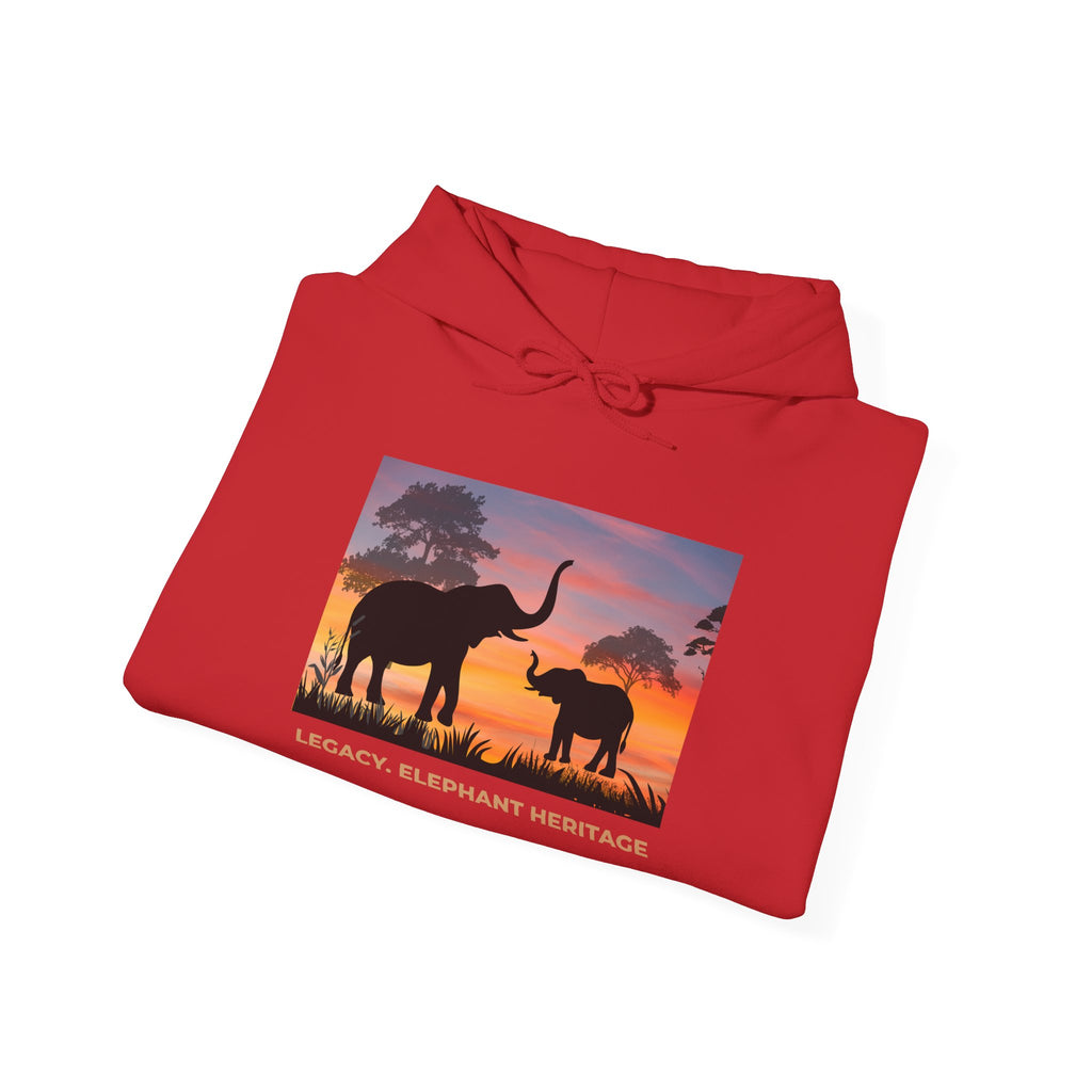 Elephant Sunset Hoodie — "Legacy, Elephant Heritage" Graphic Sweatshirt
