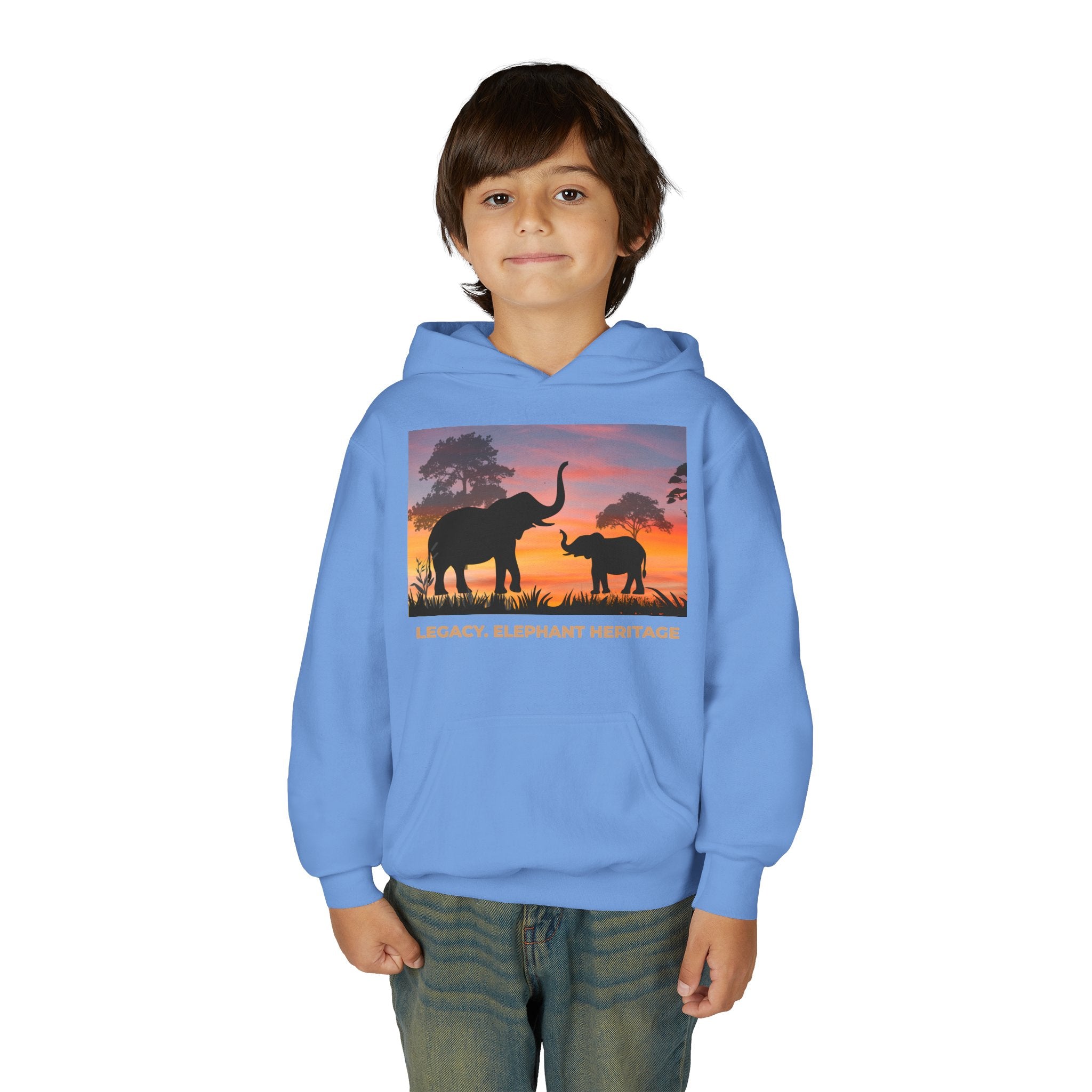 Elephant Sunset Youth Hoodie — "Legacy. Elephant Heritage" Graphic