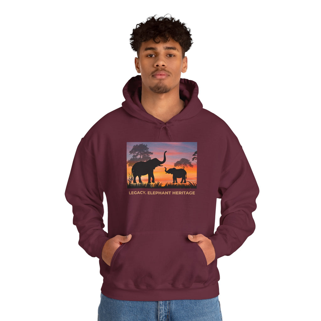 Elephant Sunset Hoodie — "Legacy, Elephant Heritage" Graphic Sweatshirt