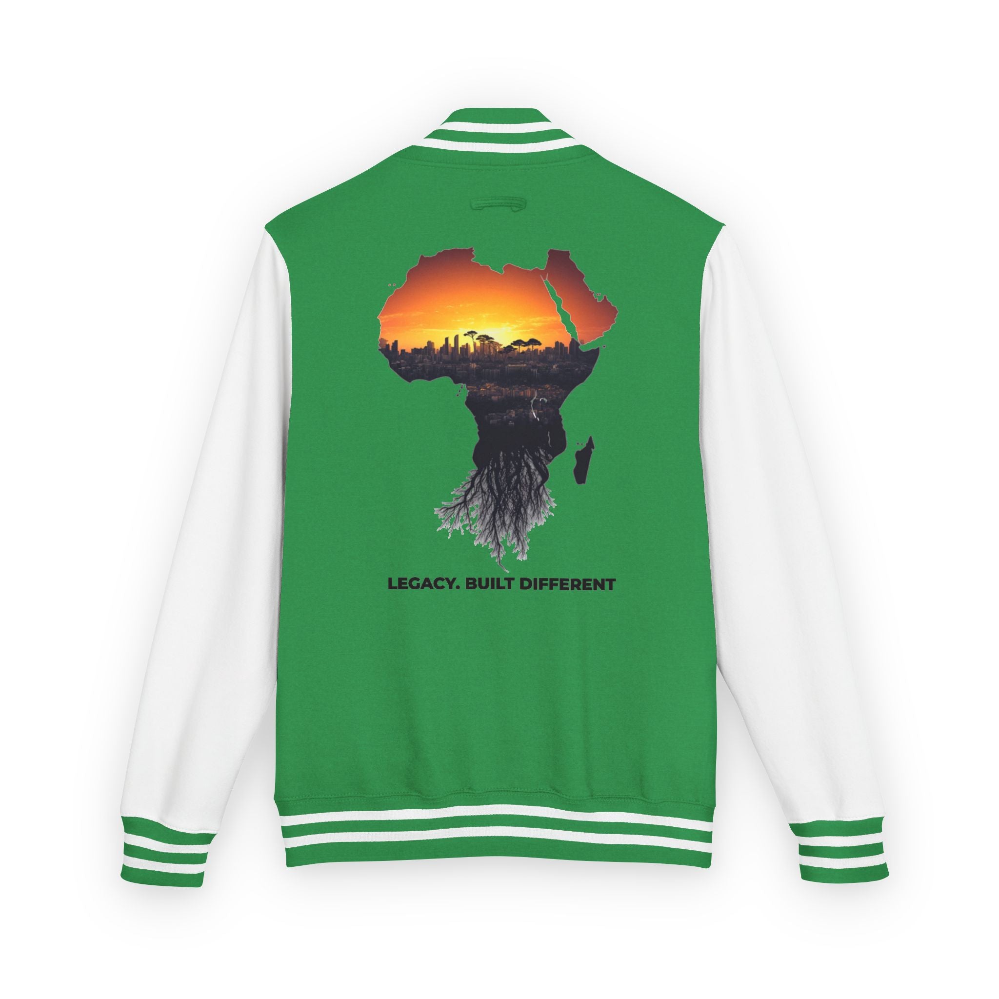 Letterman Jacket — Africa Sunset Map Design ("Legacy. Built Different.")