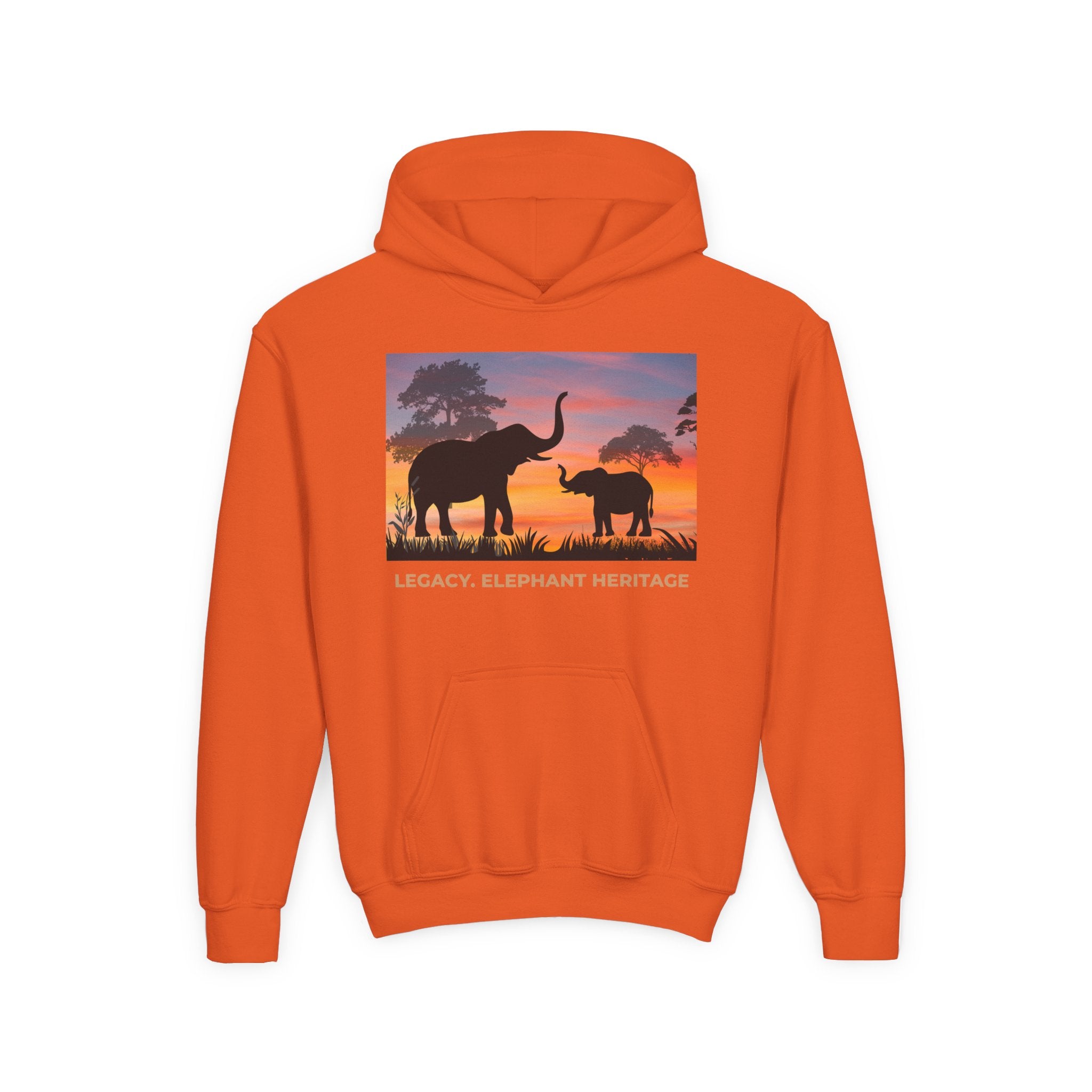 Elephant Sunset Youth Hoodie — "Legacy. Elephant Heritage" Graphic