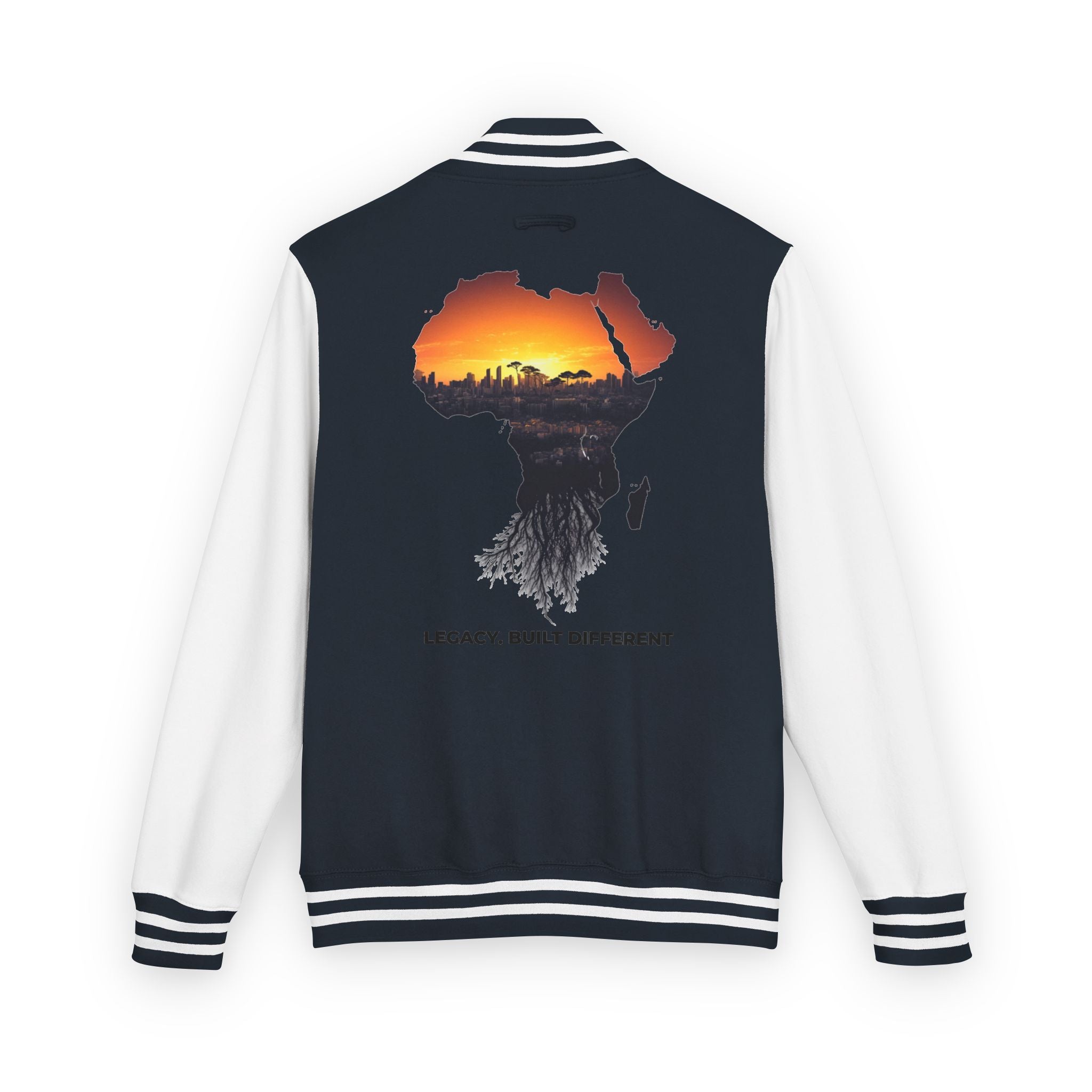 Letterman Jacket — Africa Sunset Map Design ("Legacy. Built Different.")