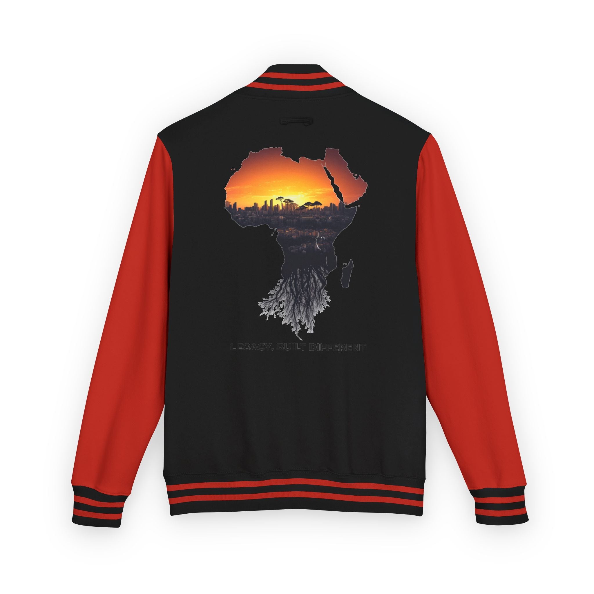 Letterman Jacket — Africa Sunset Map Design ("Legacy. Built Different.")
