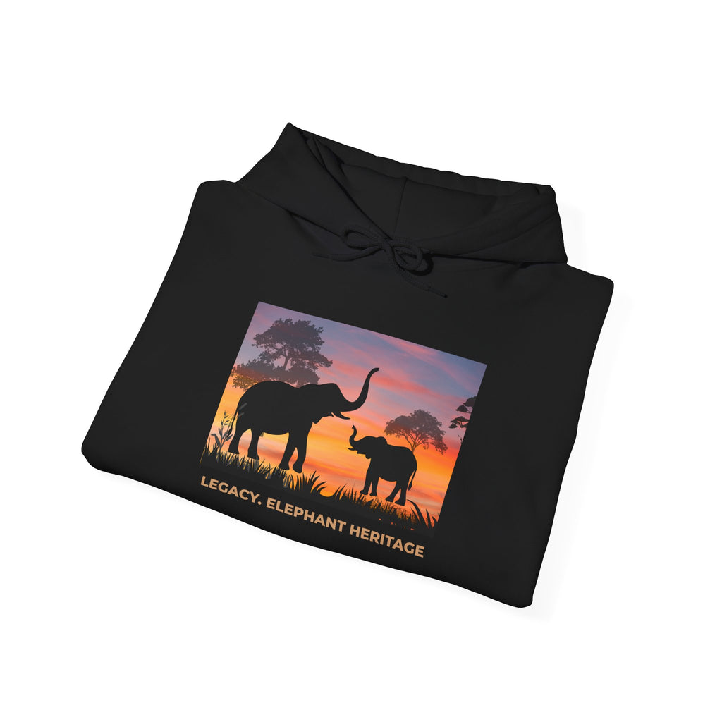 Elephant Heritage Hoodie — Sunset Silhouette "Legacy. Elephant Heritage"