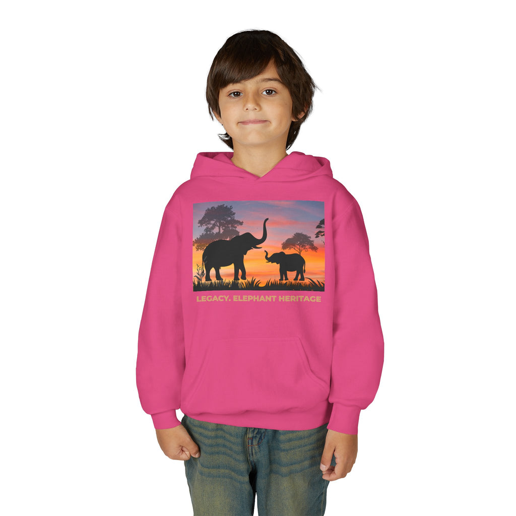 Elephant Sunset Youth Hoodie — "Legacy. Elephant Heritage" Graphic