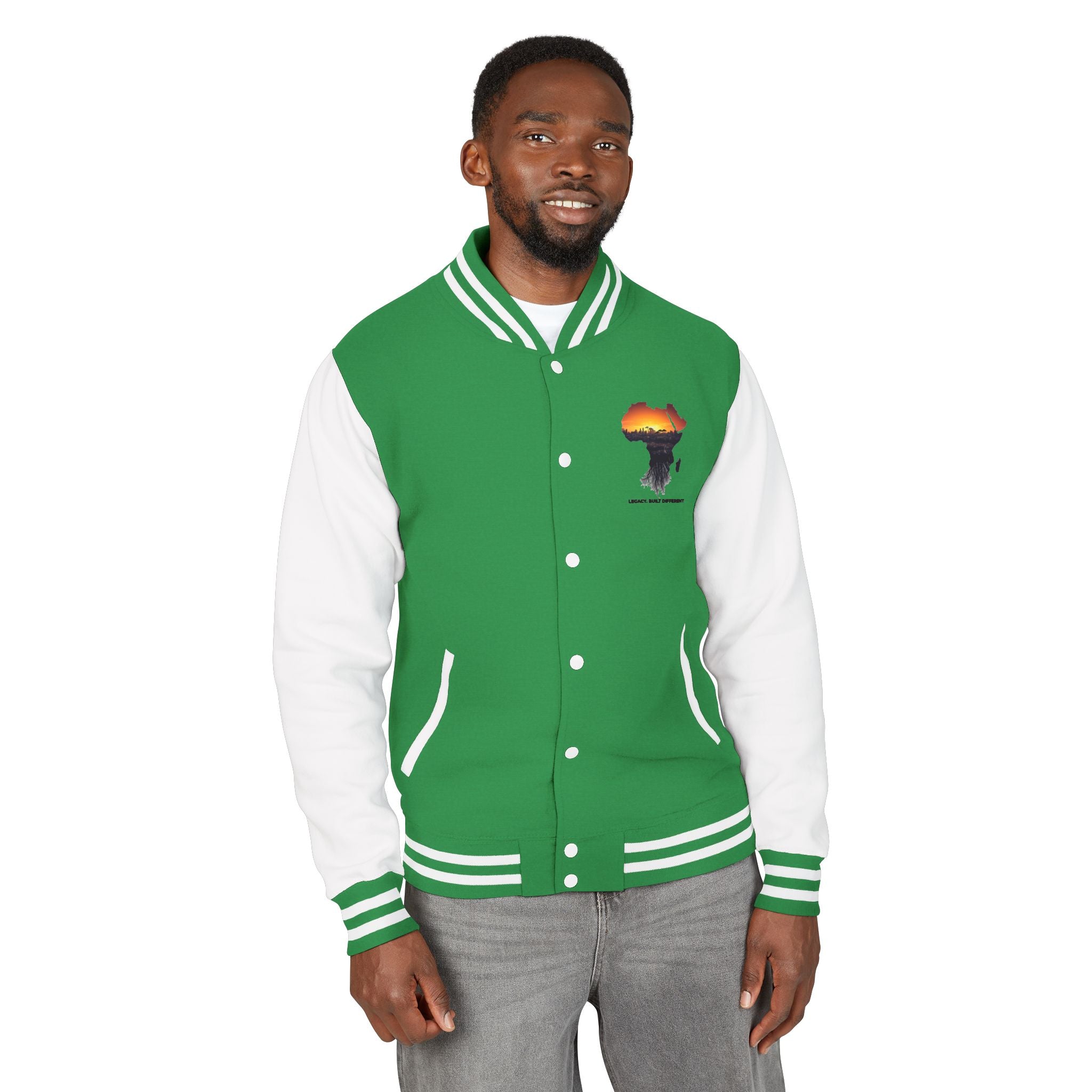 Letterman Jacket — Africa Sunset Map Design ("Legacy. Built Different.")