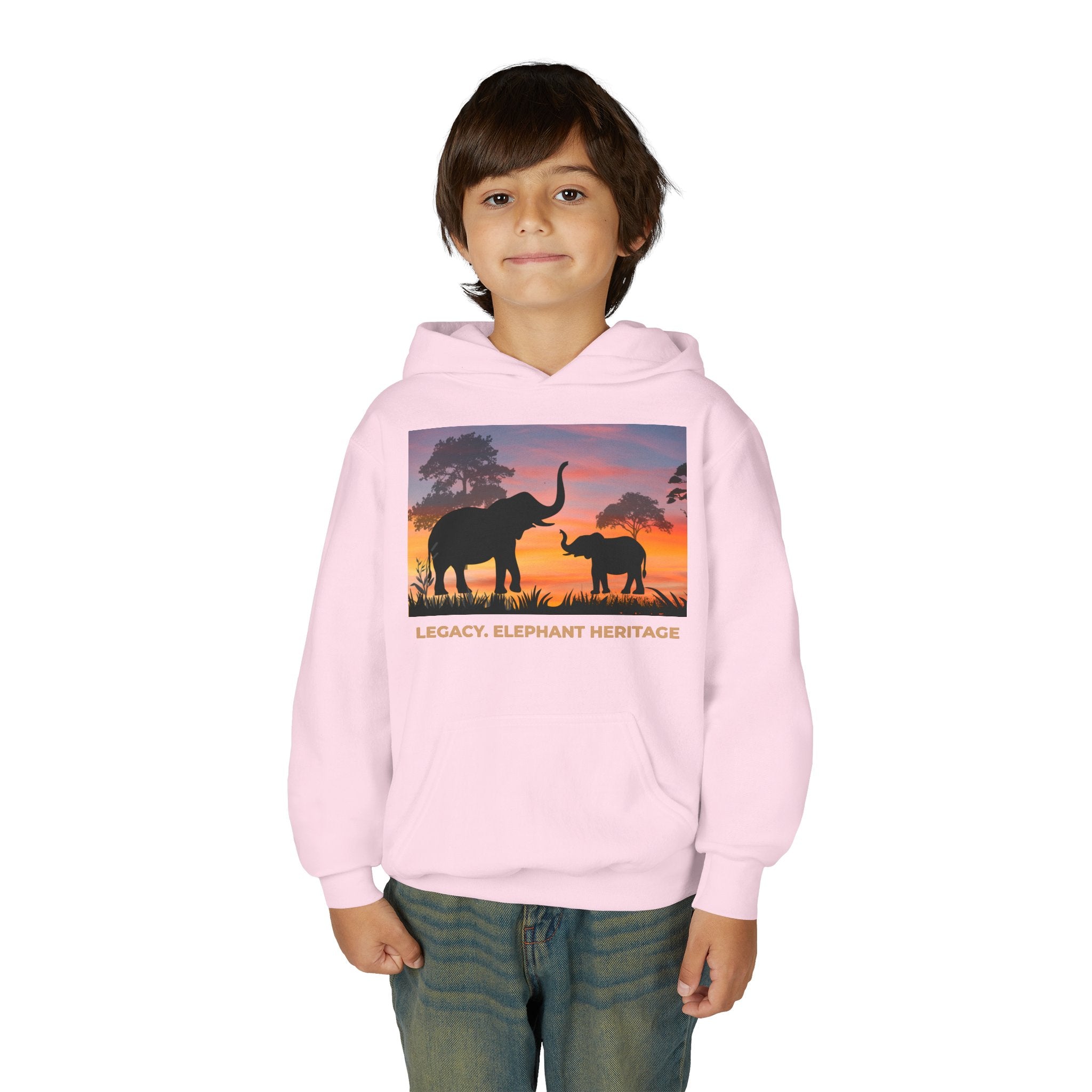 Elephant Sunset Youth Hoodie — "Legacy. Elephant Heritage" Graphic