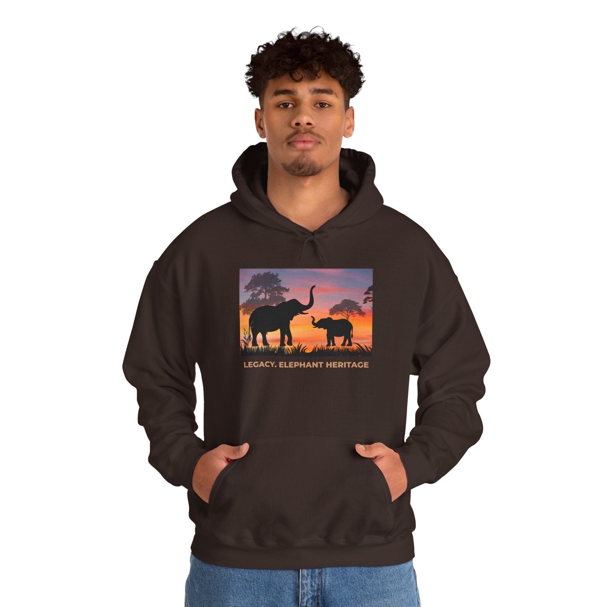 Elephant Sunset Hoodie — "Legacy, Elephant Heritage" Graphic Sweatshirt