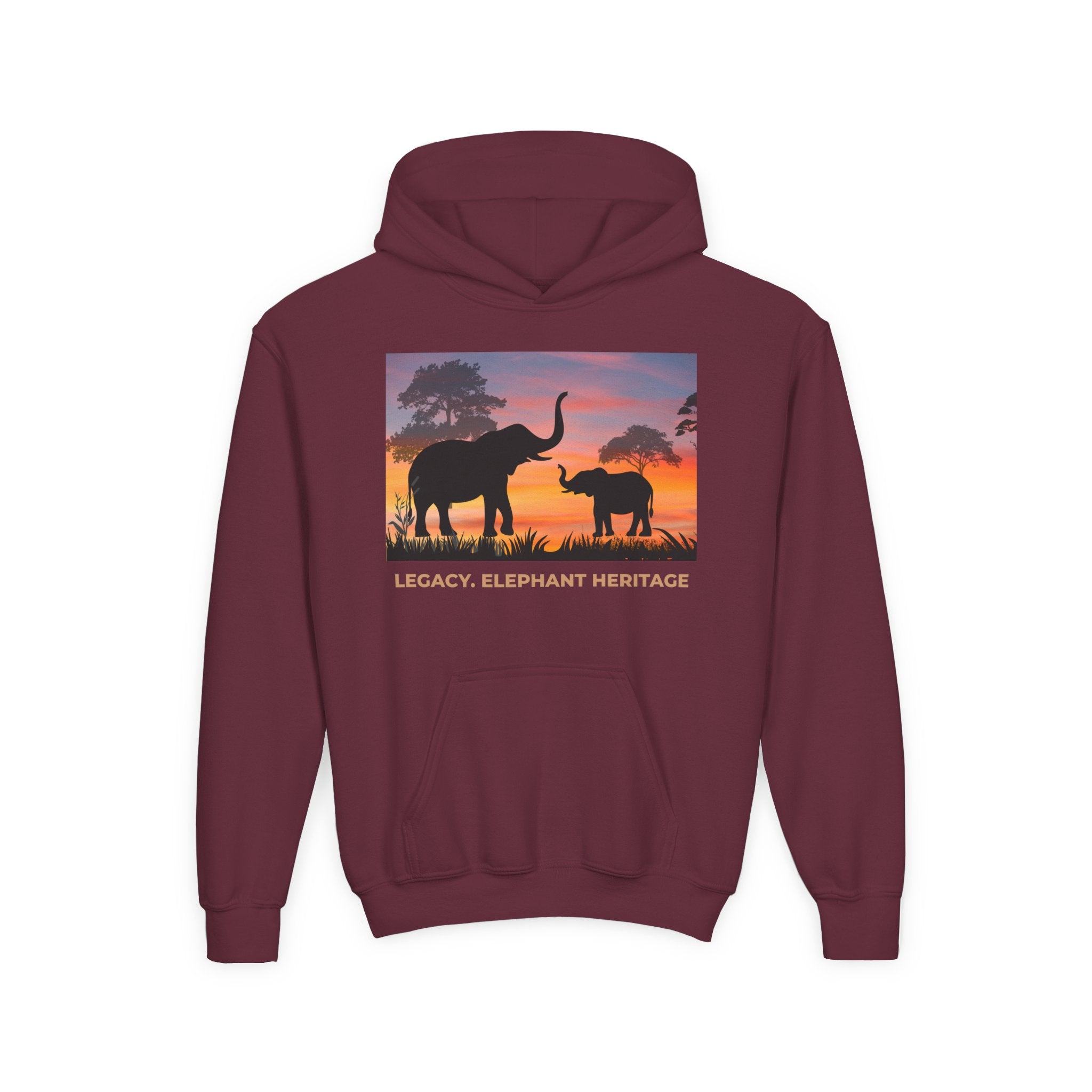 Elephant Sunset Youth Hoodie — "Legacy. Elephant Heritage" Graphic