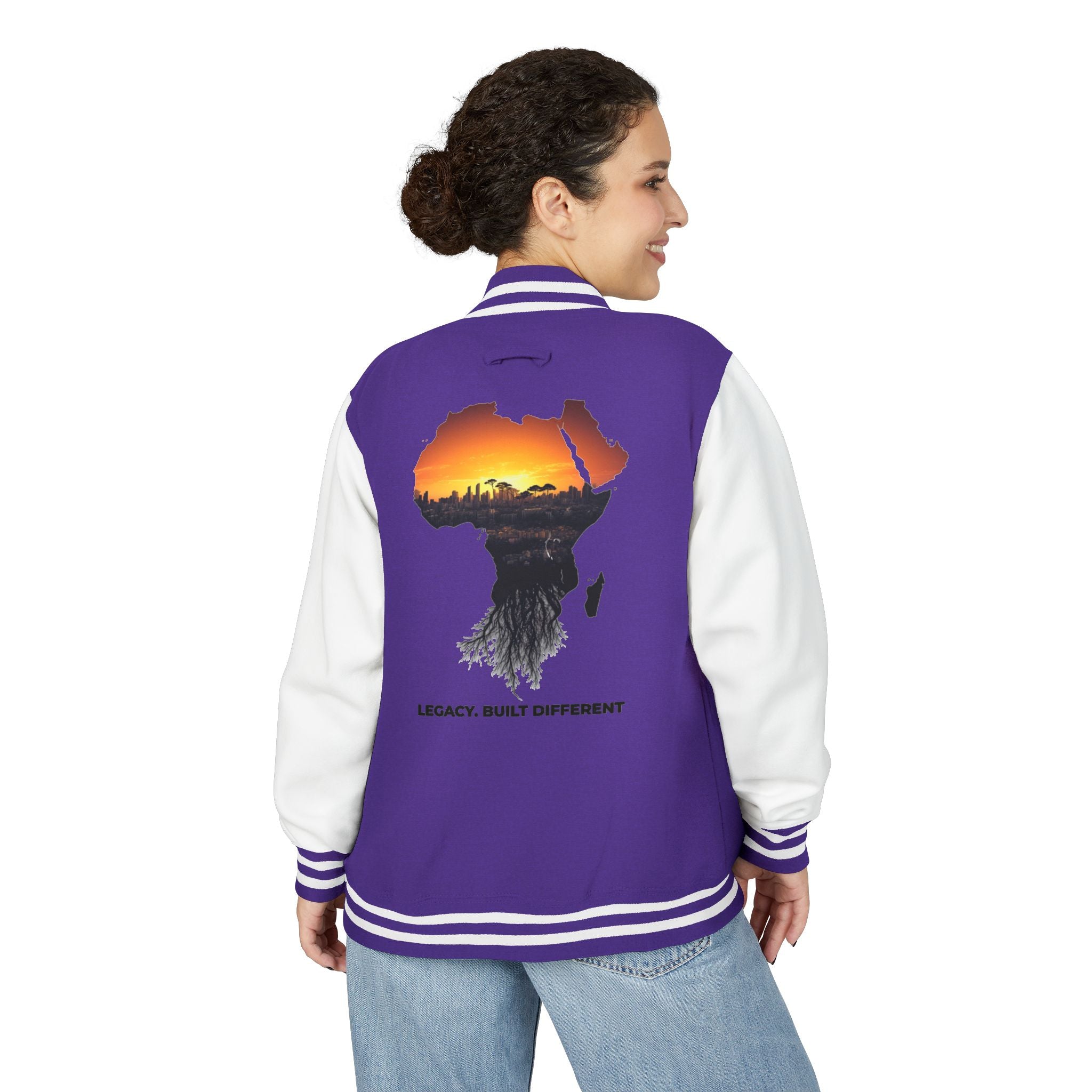 Letterman Jacket — Africa Sunset Map Design ("Legacy. Built Different.")
