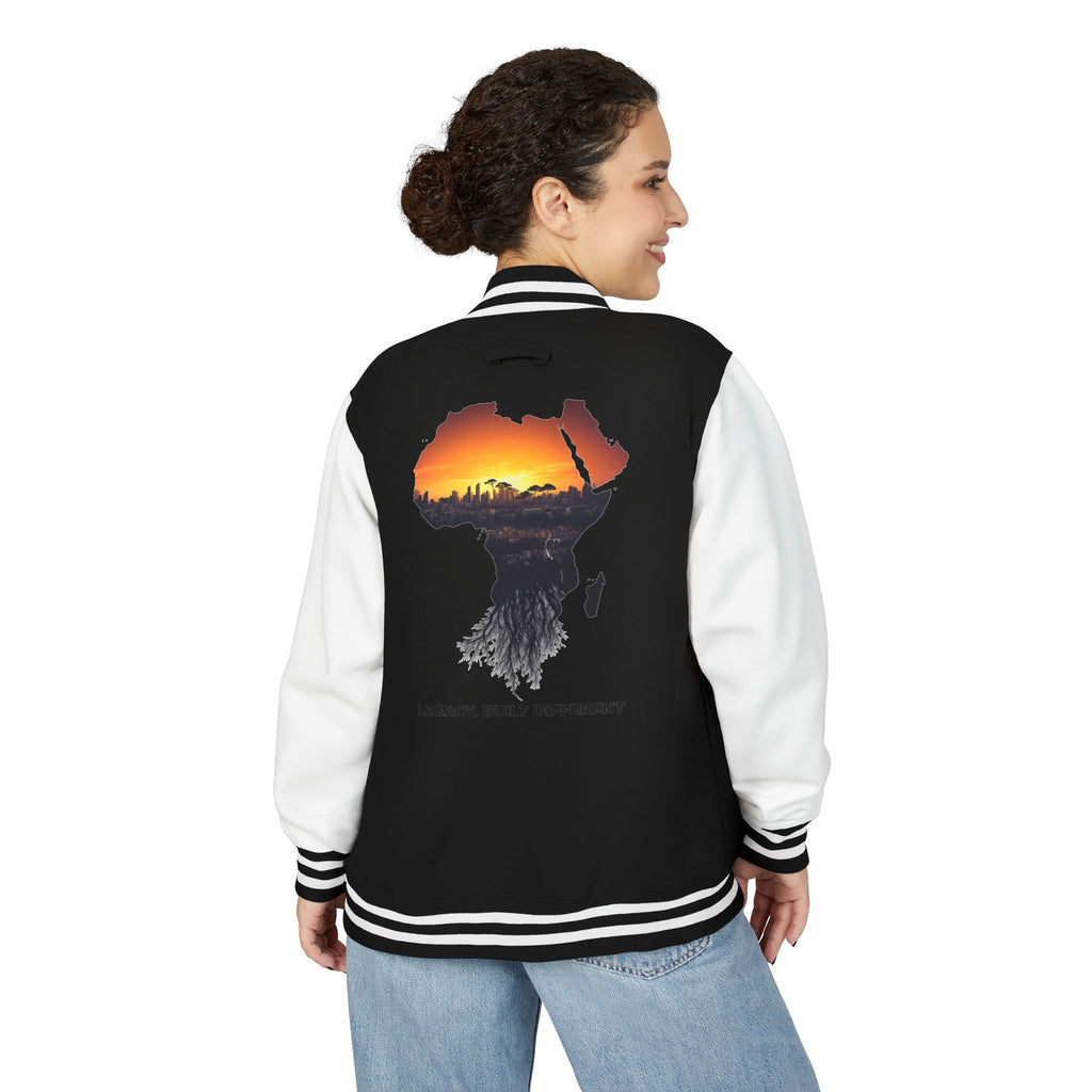 Letterman Jacket — Africa Sunset Map Design ("Legacy. Built Different.")