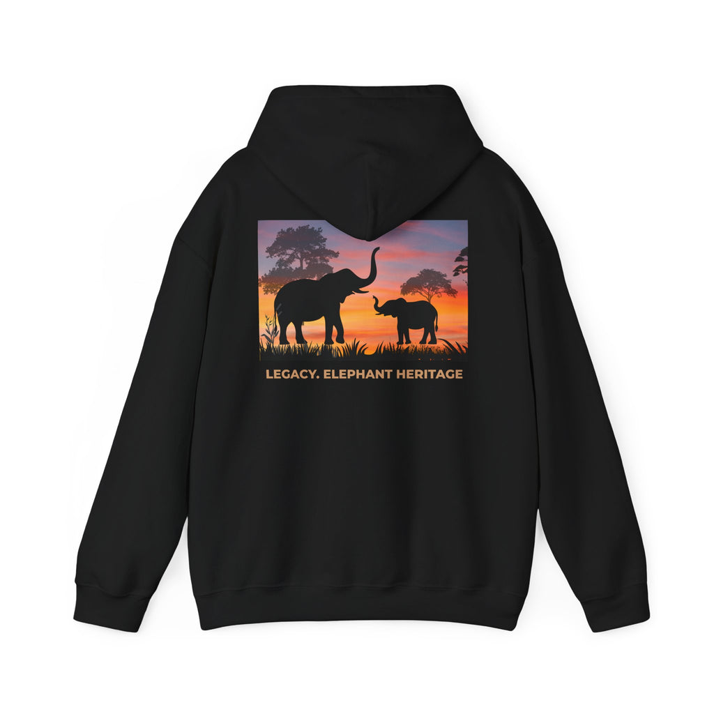 Elephant Heritage Hoodie — Sunset Silhouette "Legacy. Elephant Heritage"