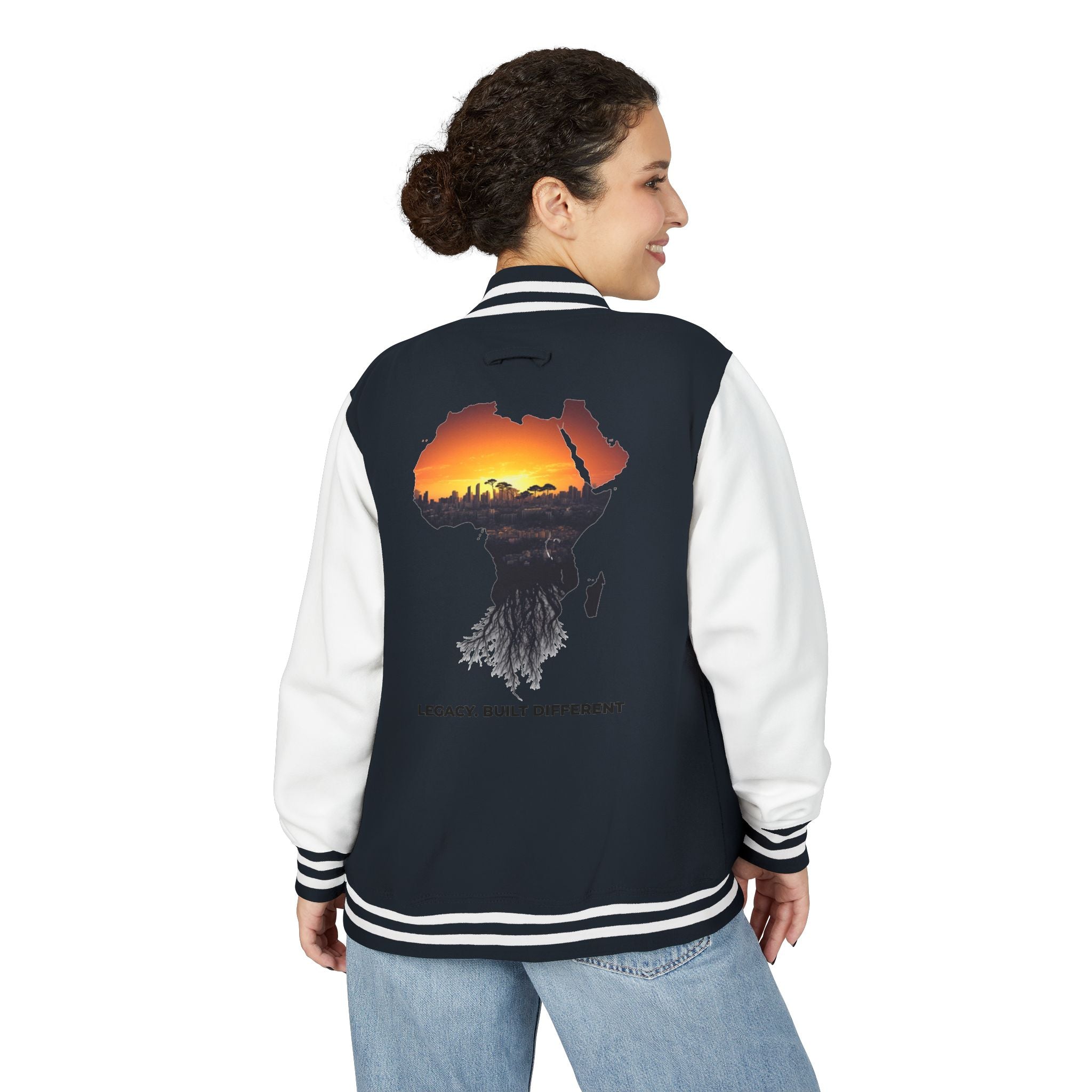 Letterman Jacket — Africa Sunset Map Design ("Legacy. Built Different.")