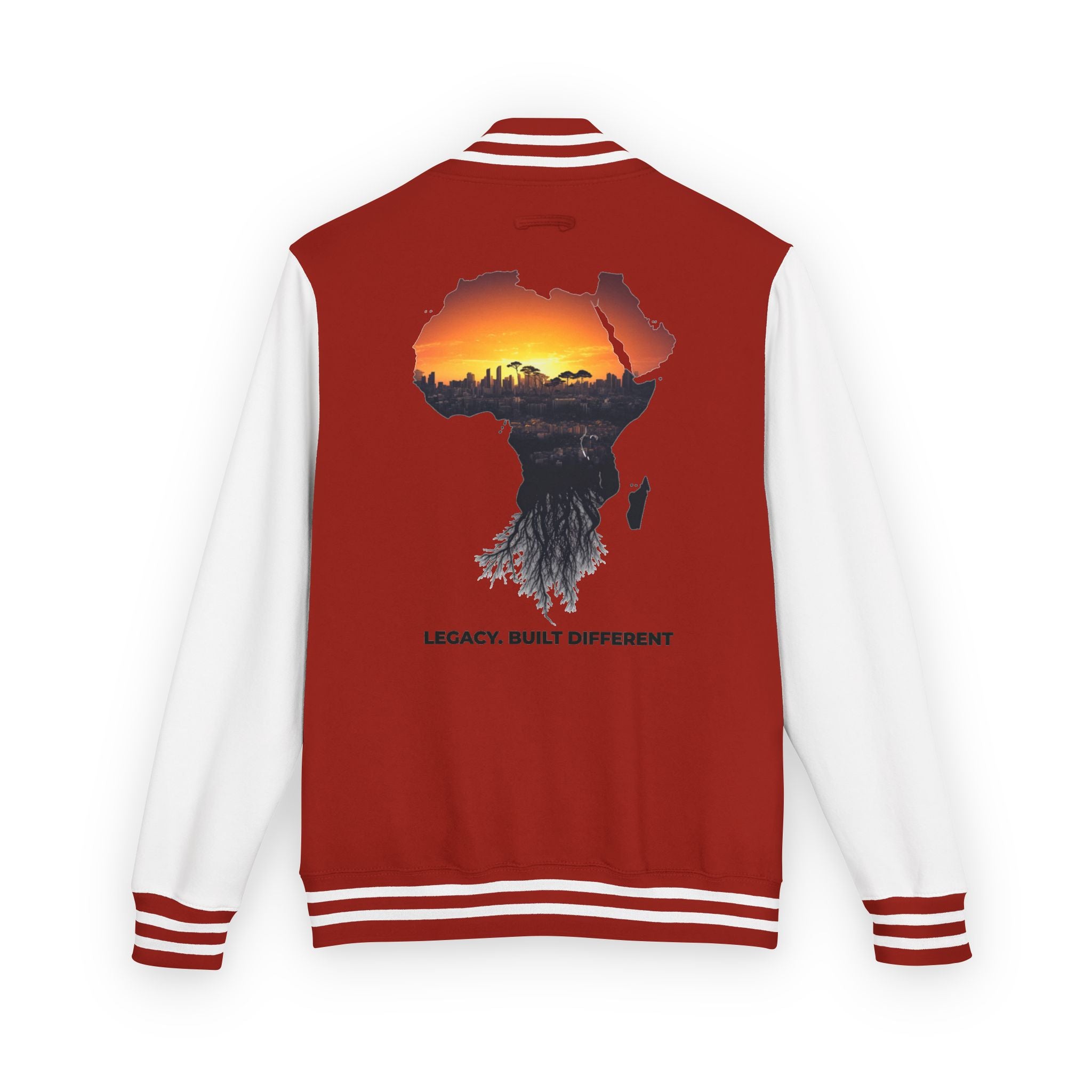 Letterman Jacket — Africa Sunset Map Design ("Legacy. Built Different.")