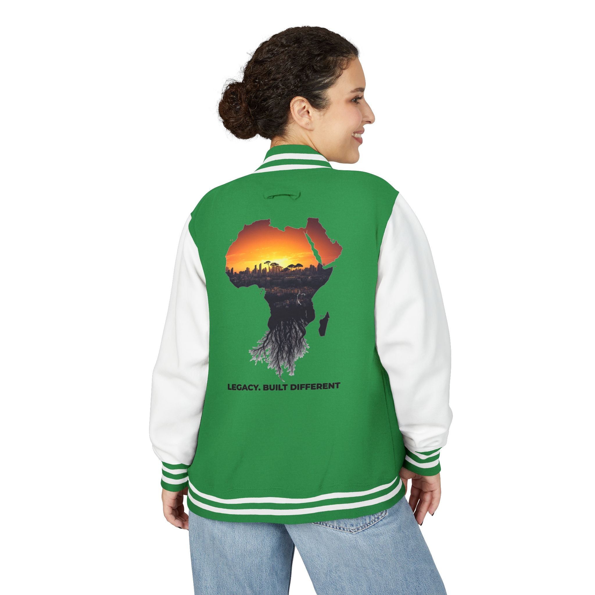 Letterman Jacket — Africa Sunset Map Design ("Legacy. Built Different.")