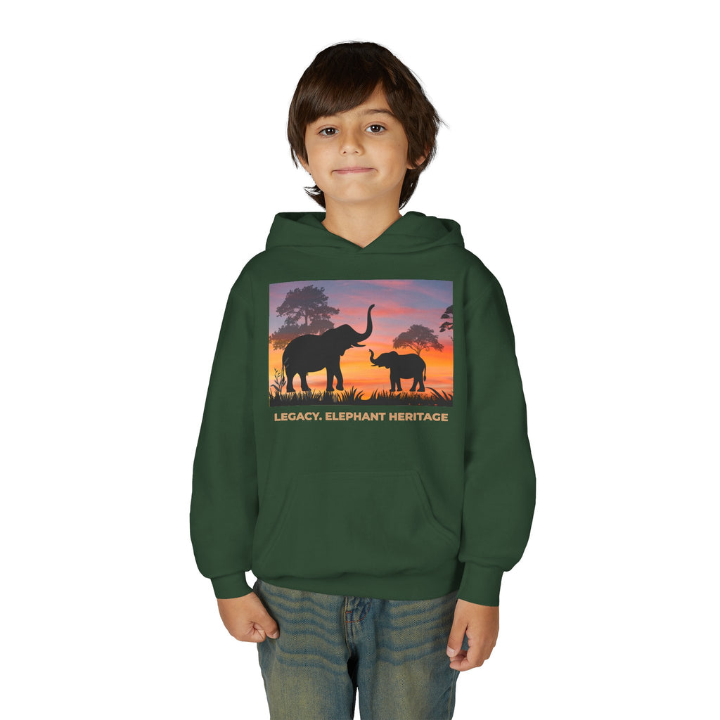 Elephant Sunset Youth Hoodie — "Legacy. Elephant Heritage" Graphic