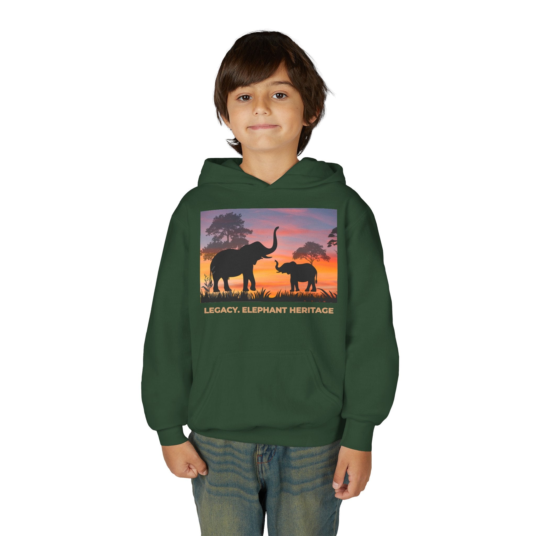 Elephant Sunset Youth Hoodie — "Legacy. Elephant Heritage" Graphic