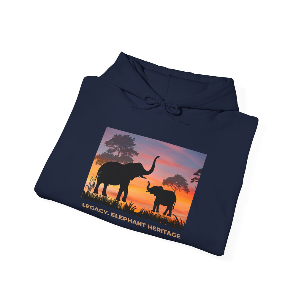 Elephant Sunset Hoodie — "Legacy, Elephant Heritage" Graphic Sweatshirt