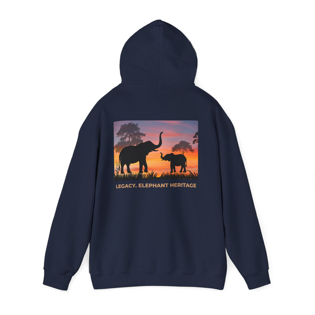 Elephant Heritage Hoodie — Sunset Silhouette "Legacy. Elephant Heritage"