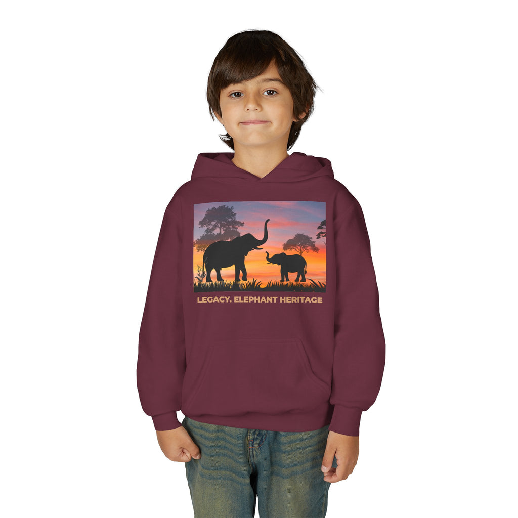 Elephant Sunset Youth Hoodie — "Legacy. Elephant Heritage" Graphic