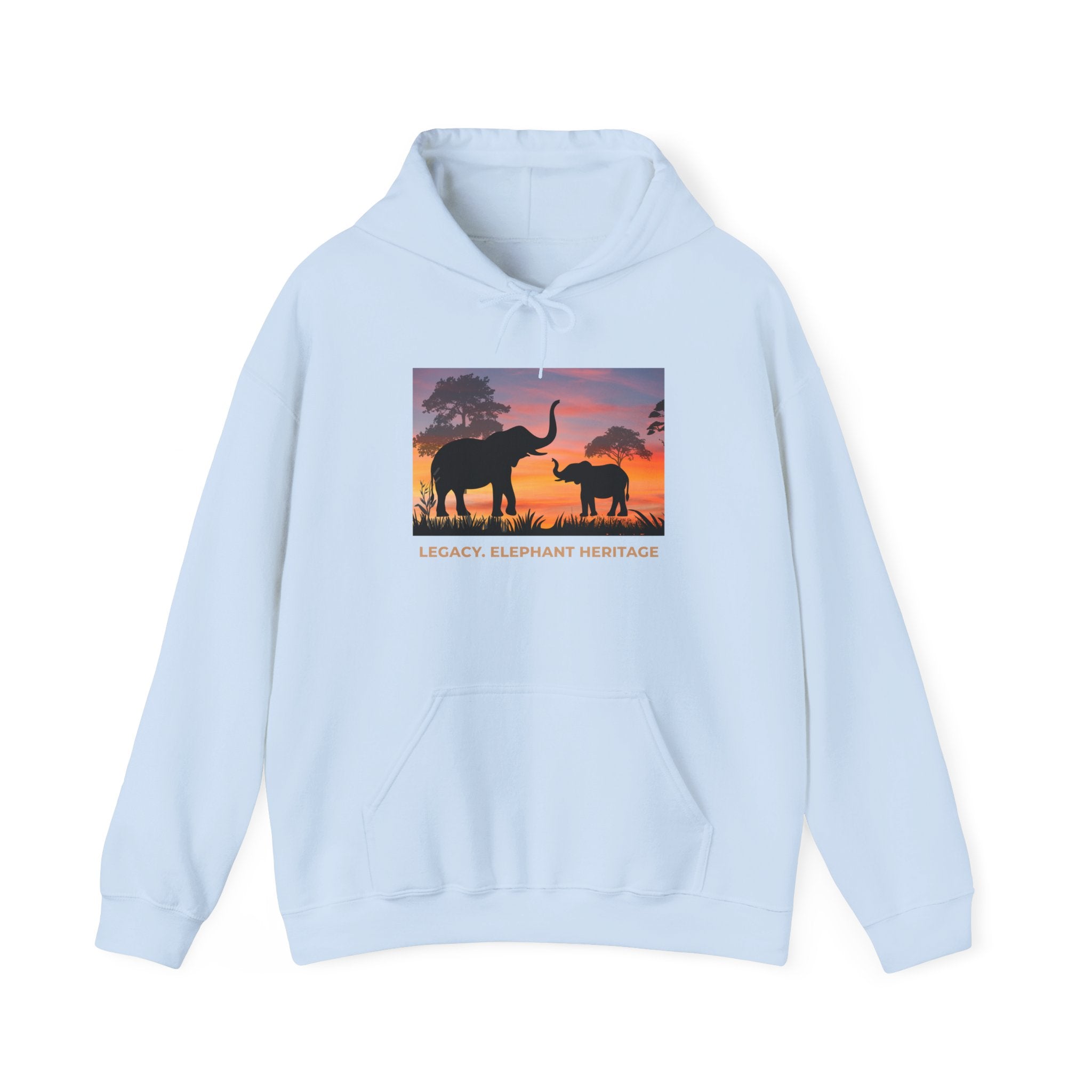 Elephant Sunset Hoodie — "Legacy, Elephant Heritage" Graphic Sweatshirt