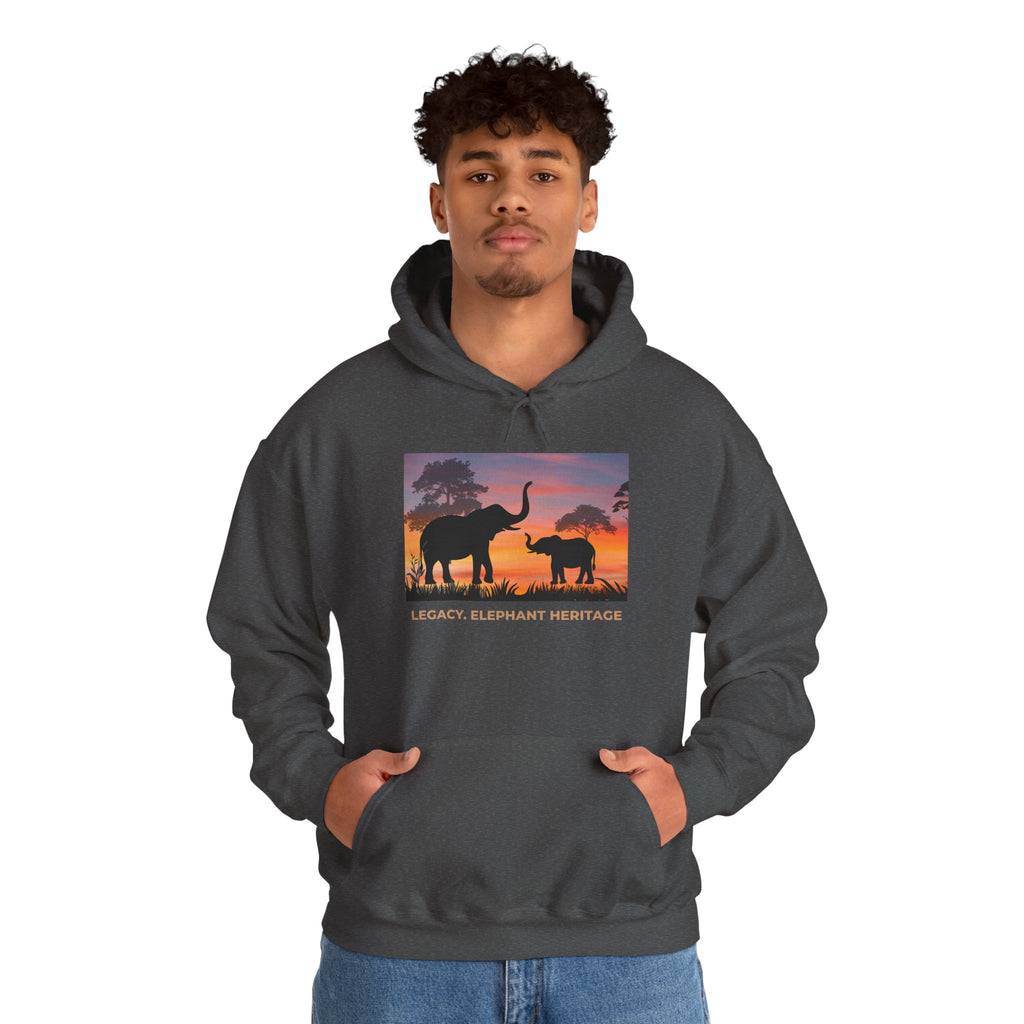 Elephant Sunset Hoodie — "Legacy, Elephant Heritage" Graphic Sweatshirt