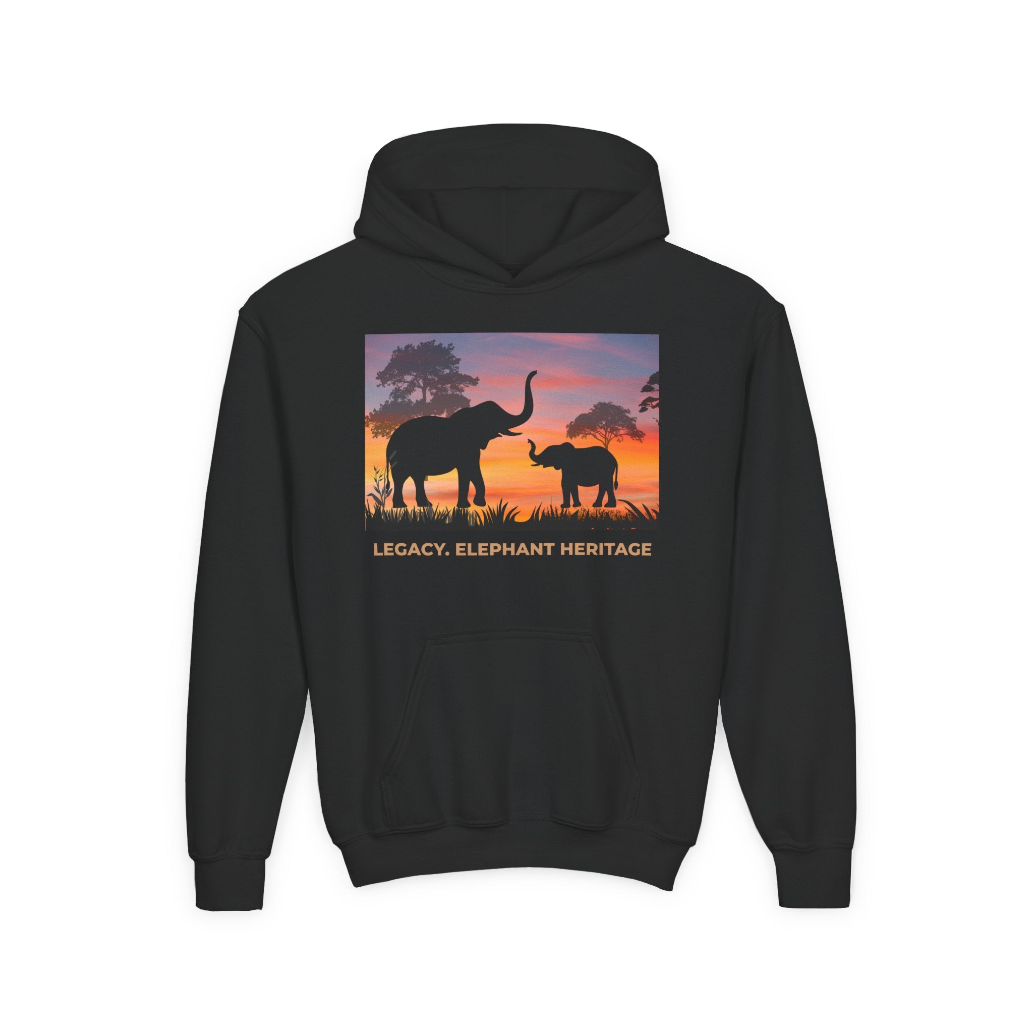 Elephant Sunset Youth Hoodie — "Legacy. Elephant Heritage" Graphic