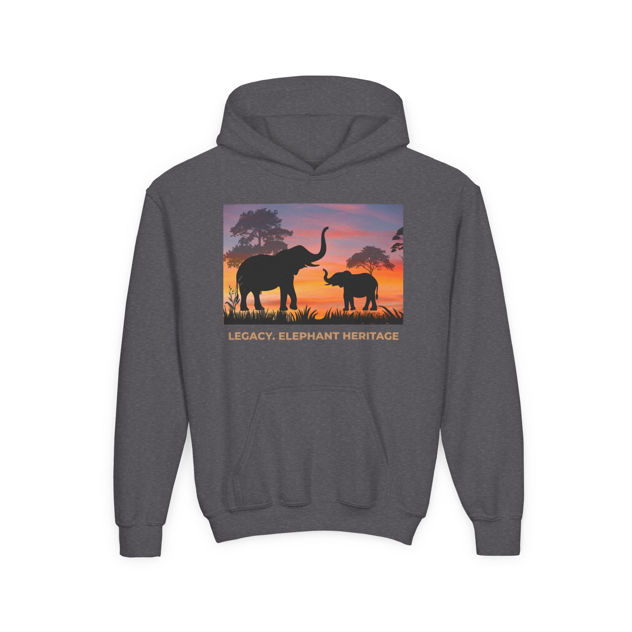 Elephant Sunset Youth Hoodie — "Legacy. Elephant Heritage" Graphic