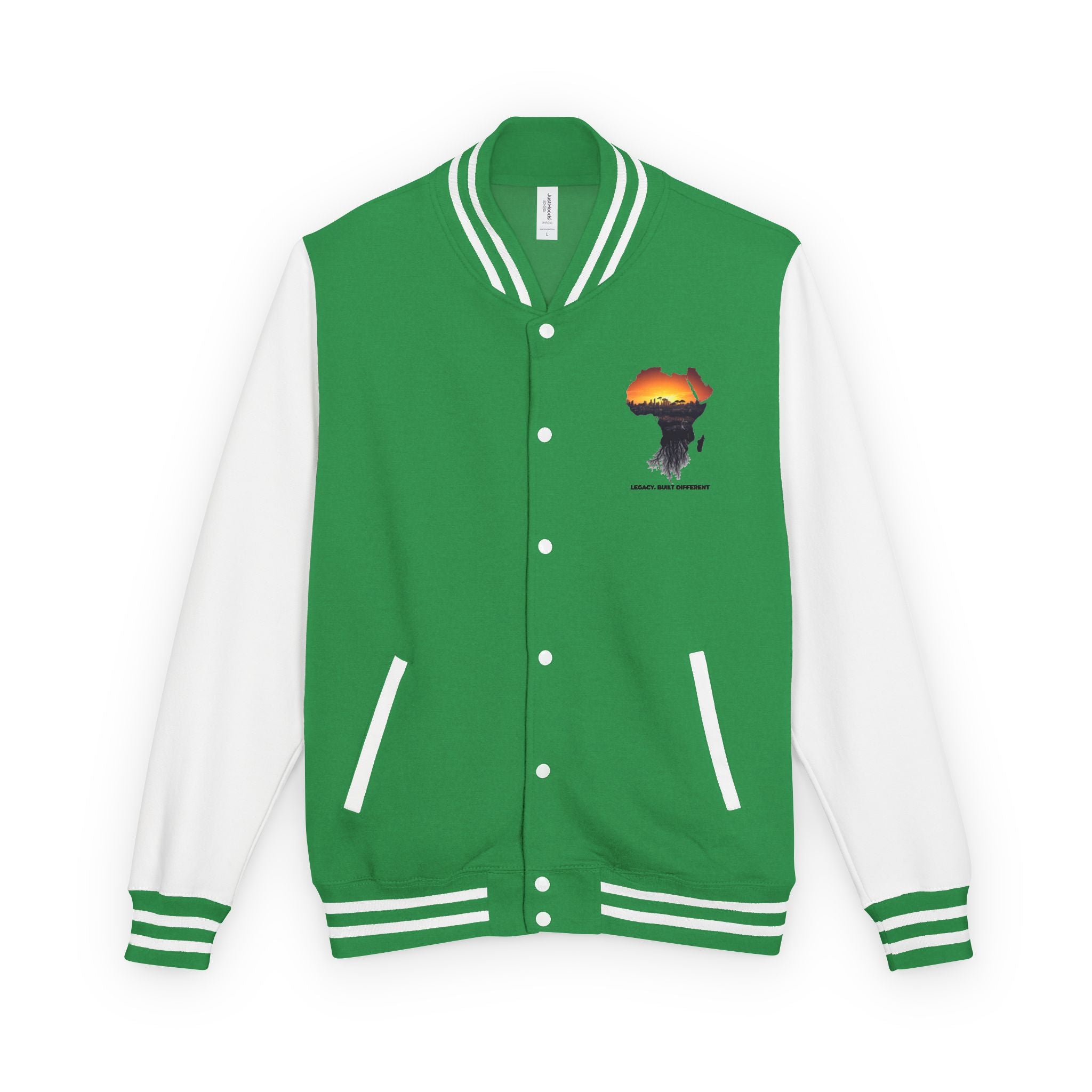 Letterman Jacket — Africa Sunset Map Design ("Legacy. Built Different.")