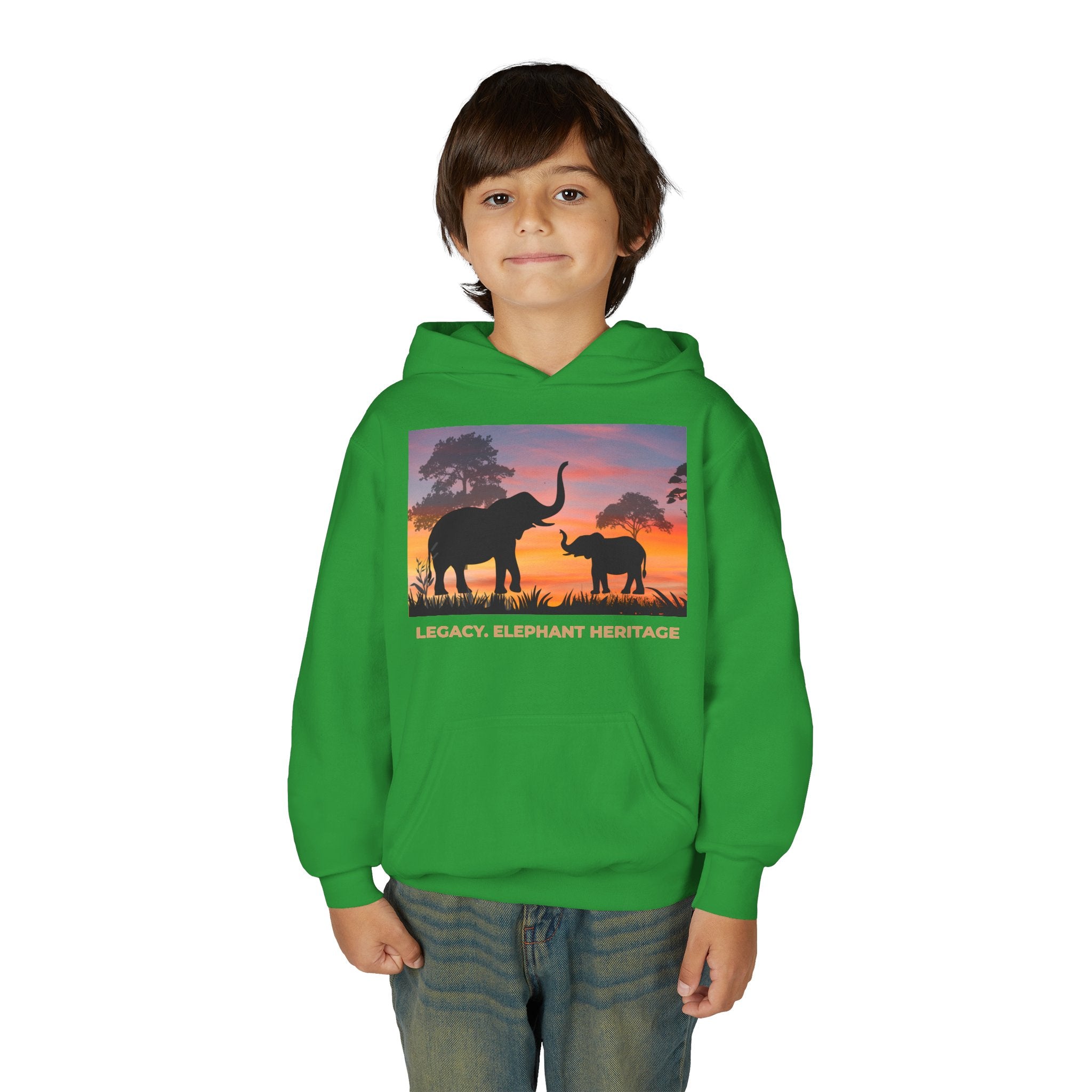 Elephant Sunset Youth Hoodie — "Legacy. Elephant Heritage" Graphic