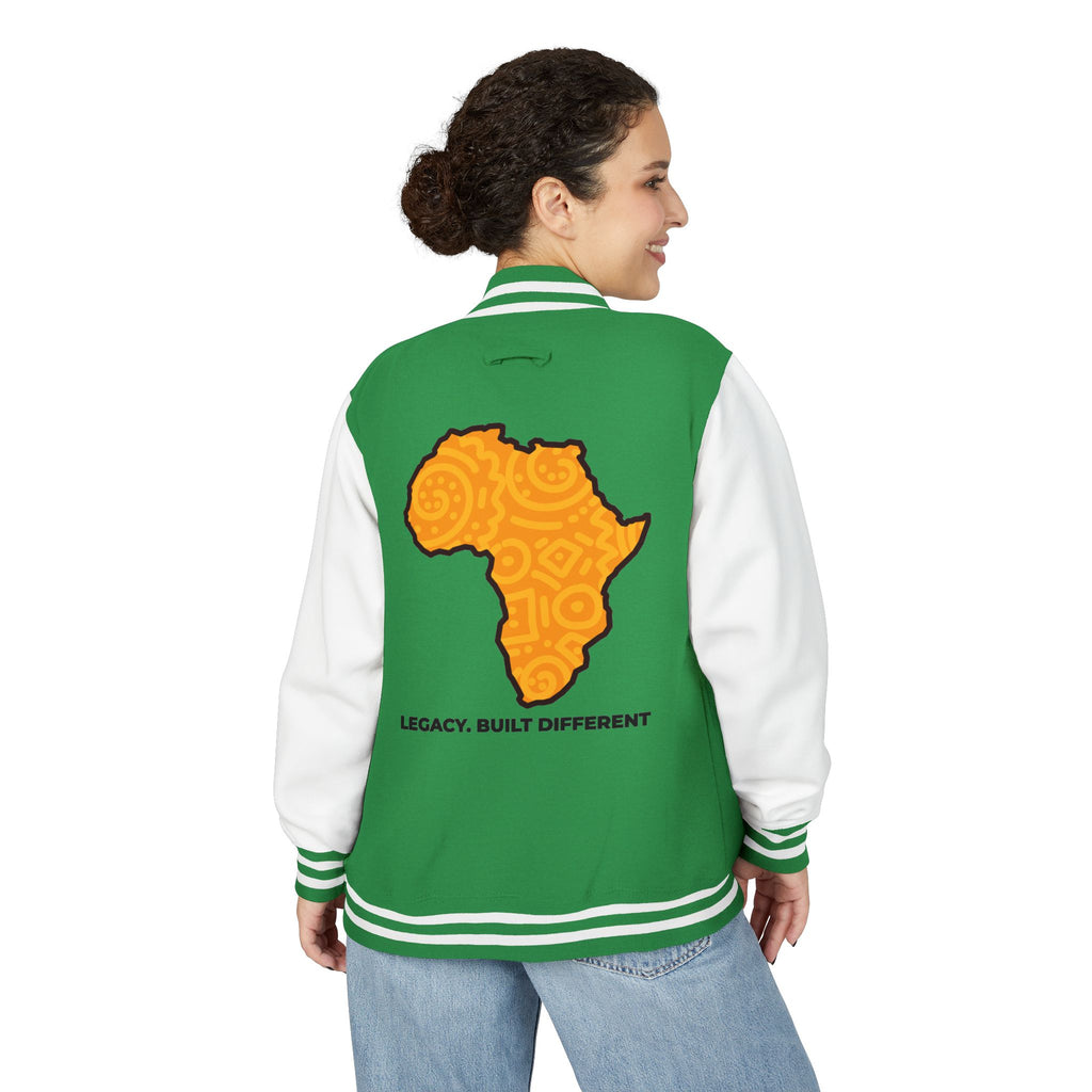Africa Pattern Letterman Jacket — "Legacy. Built Different" Varsity Coat