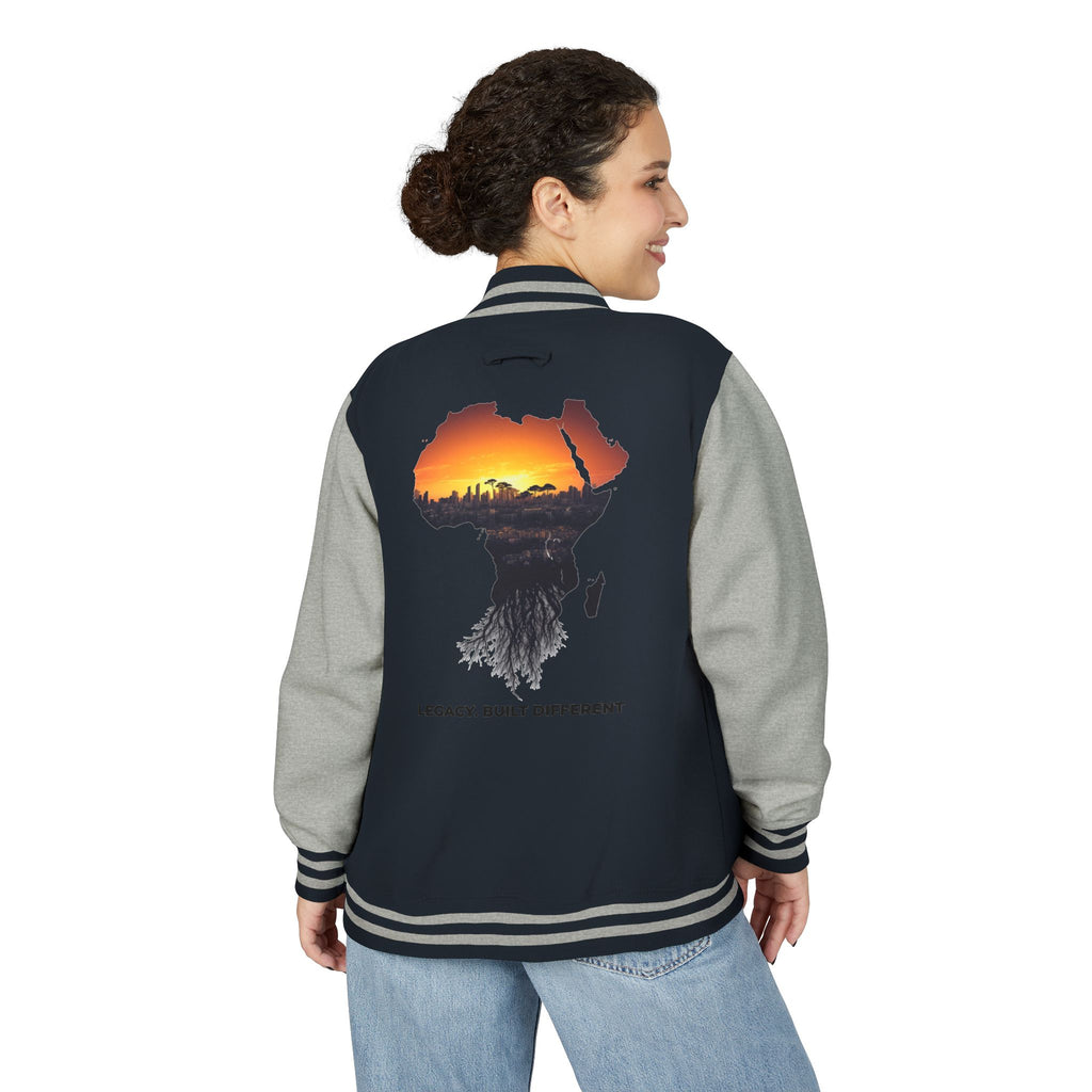 Letterman Jacket — Africa Sunset Map Design ("Legacy. Built Different.")