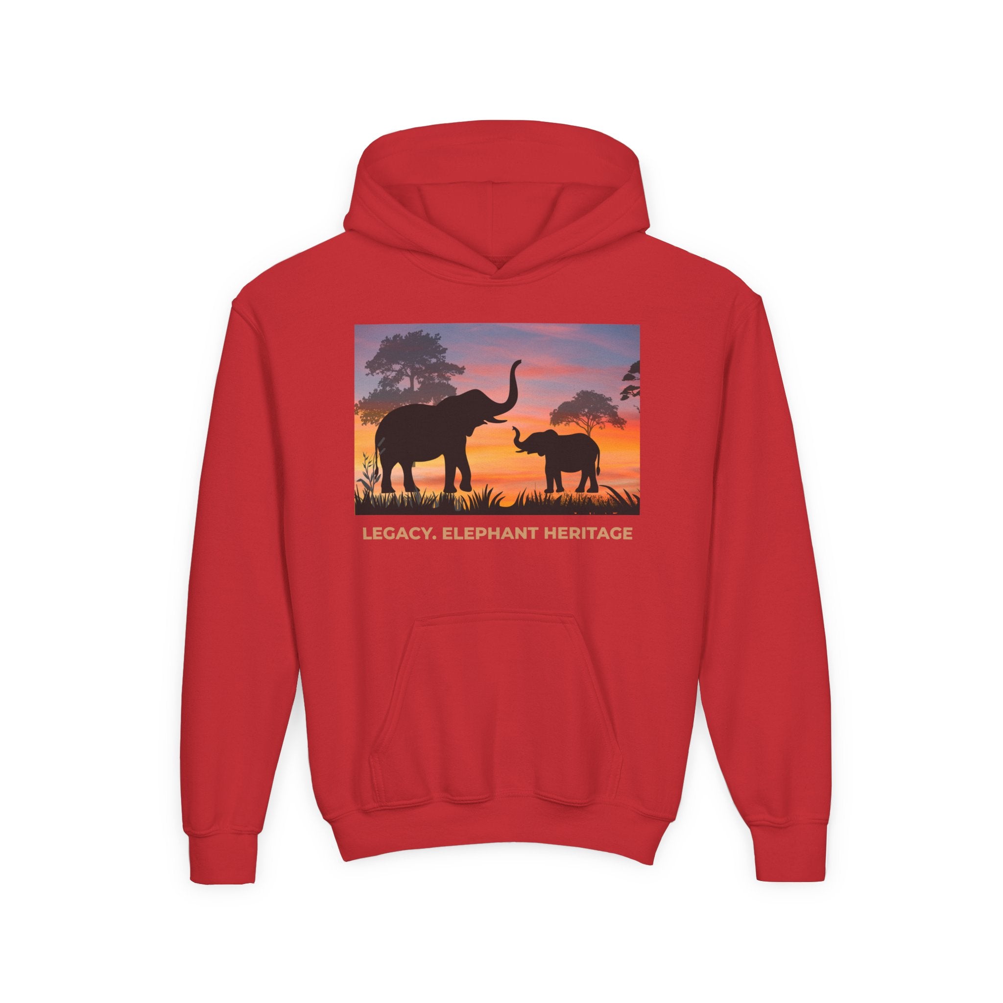 Elephant Sunset Youth Hoodie — "Legacy. Elephant Heritage" Graphic