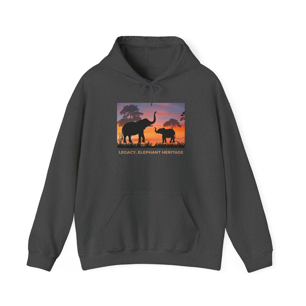 Elephant Heritage Hoodie — Sunset Silhouette "Legacy. Elephant Heritage"