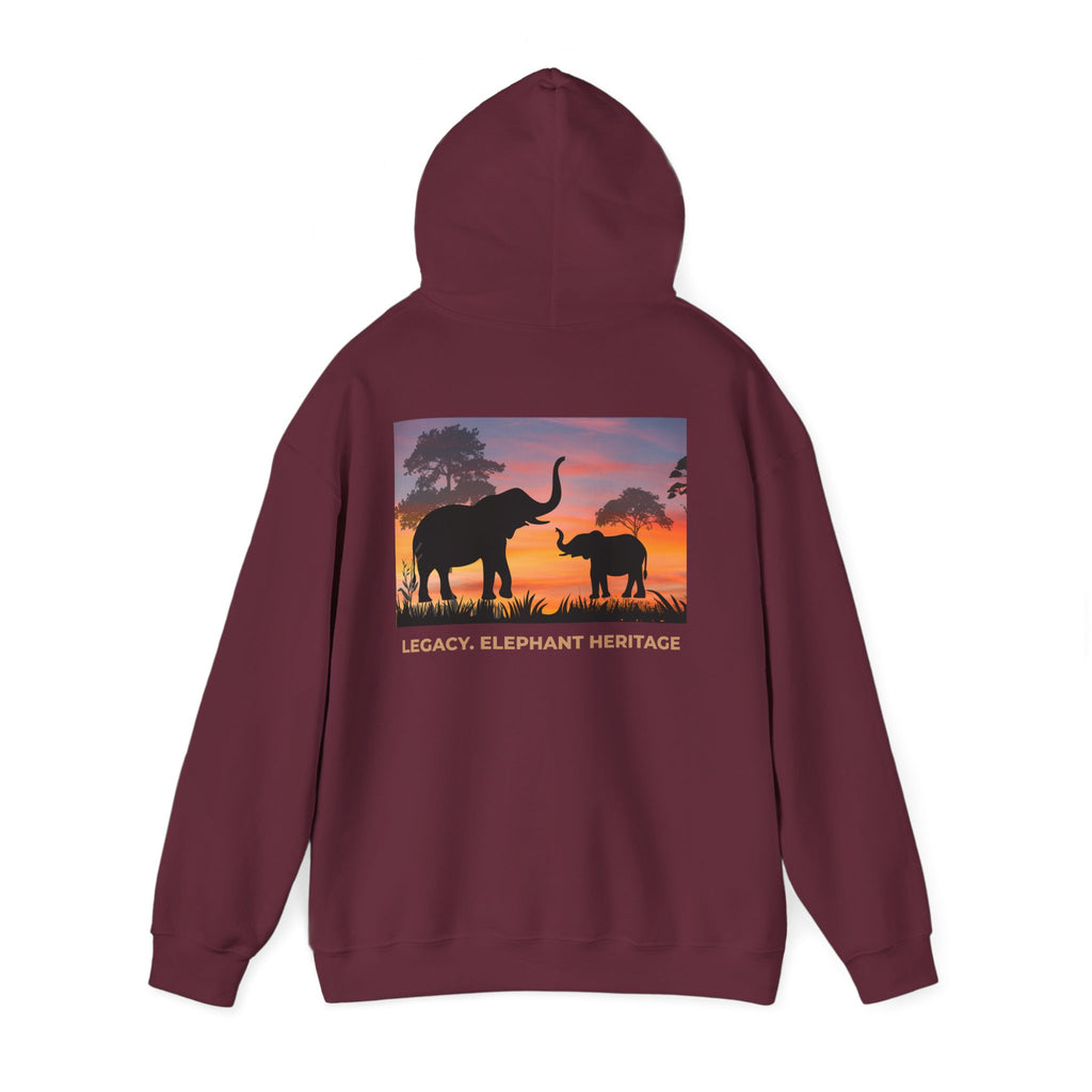Elephant Heritage Hoodie — Sunset Silhouette "Legacy. Elephant Heritage"