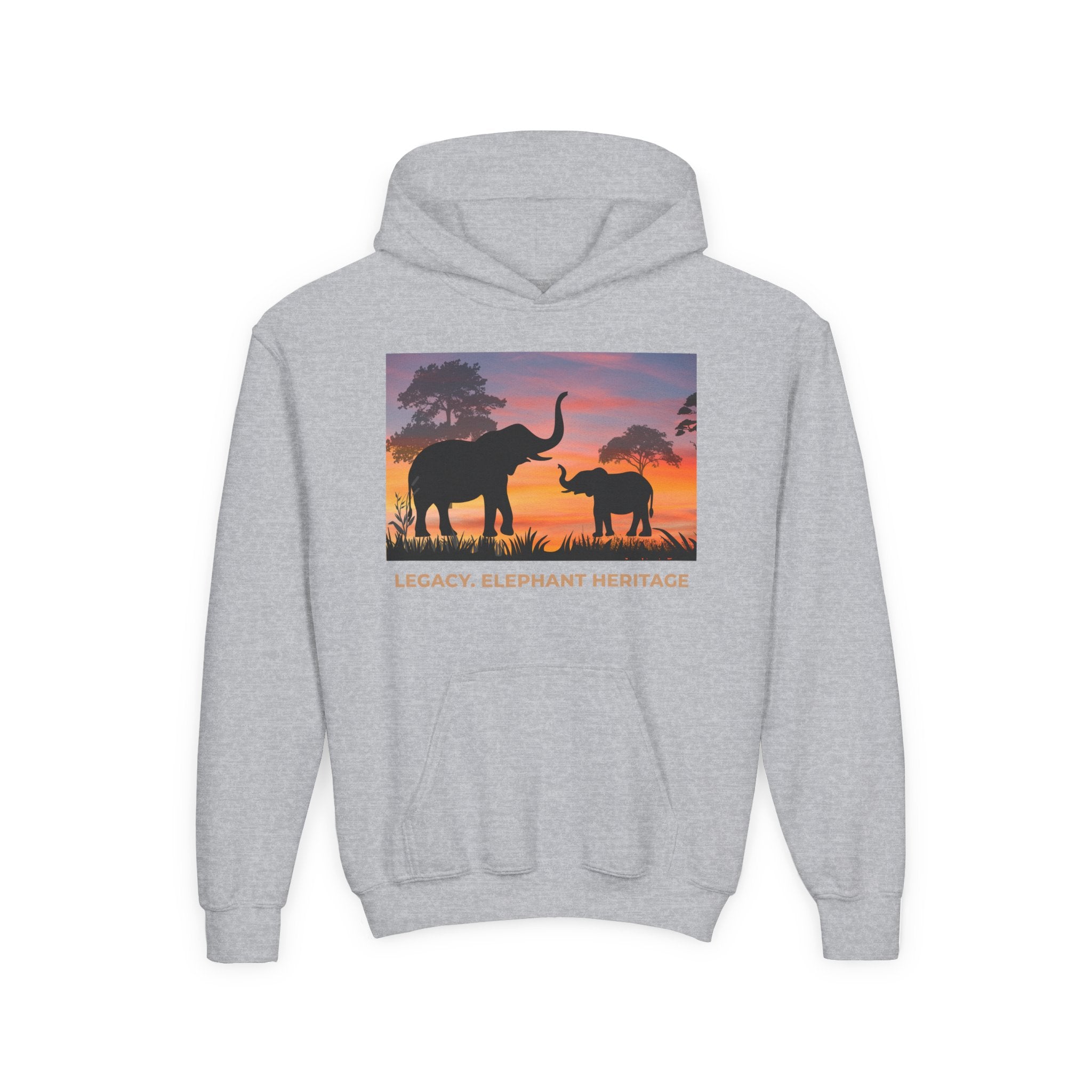 Elephant Sunset Youth Hoodie — "Legacy. Elephant Heritage" Graphic