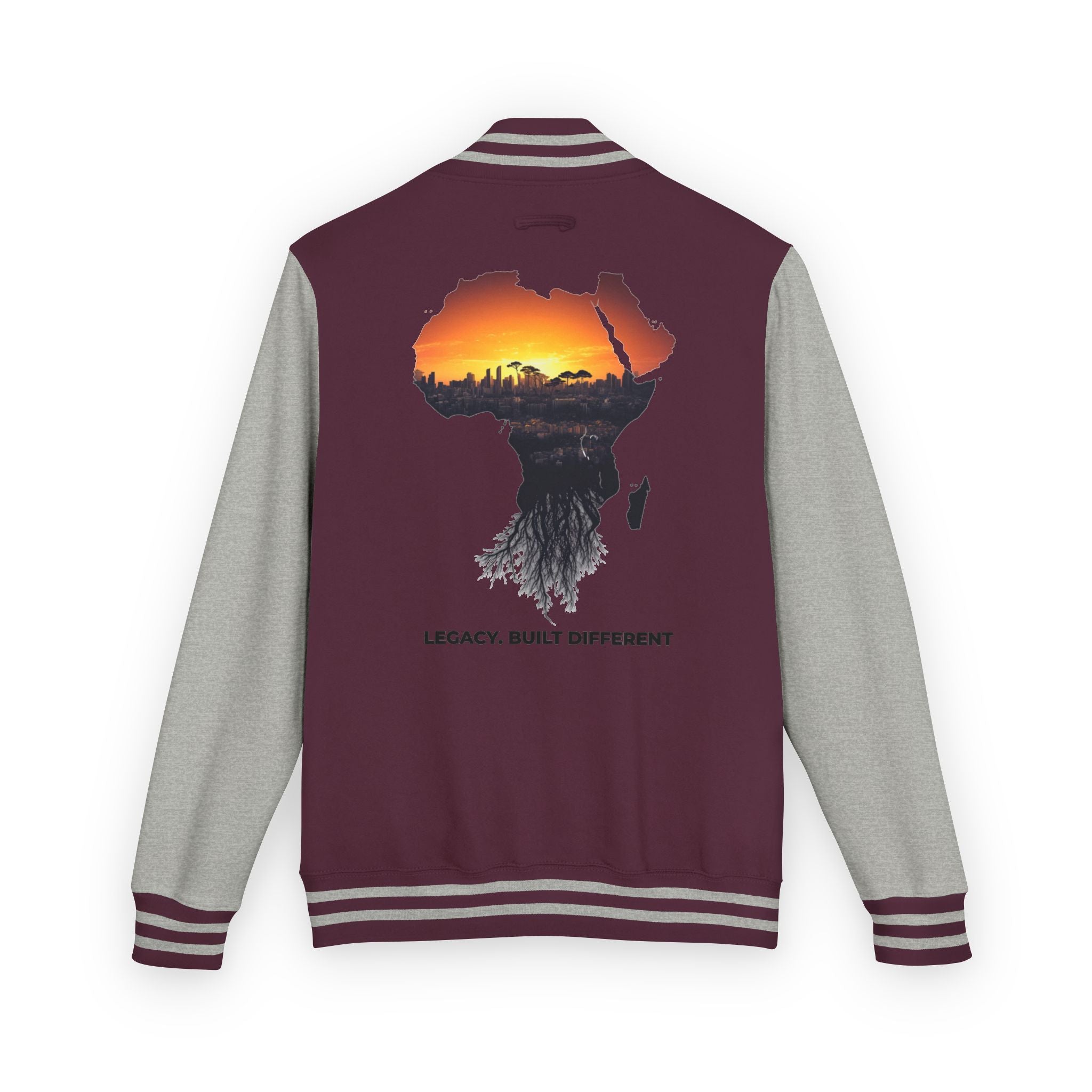 Letterman Jacket — Africa Sunset Map Design ("Legacy. Built Different.")