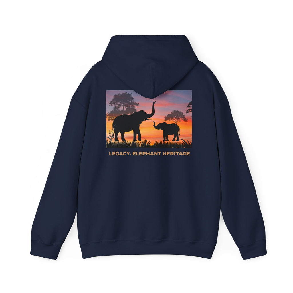 Elephant Heritage Hoodie — Sunset Silhouette "Legacy. Elephant Heritage"