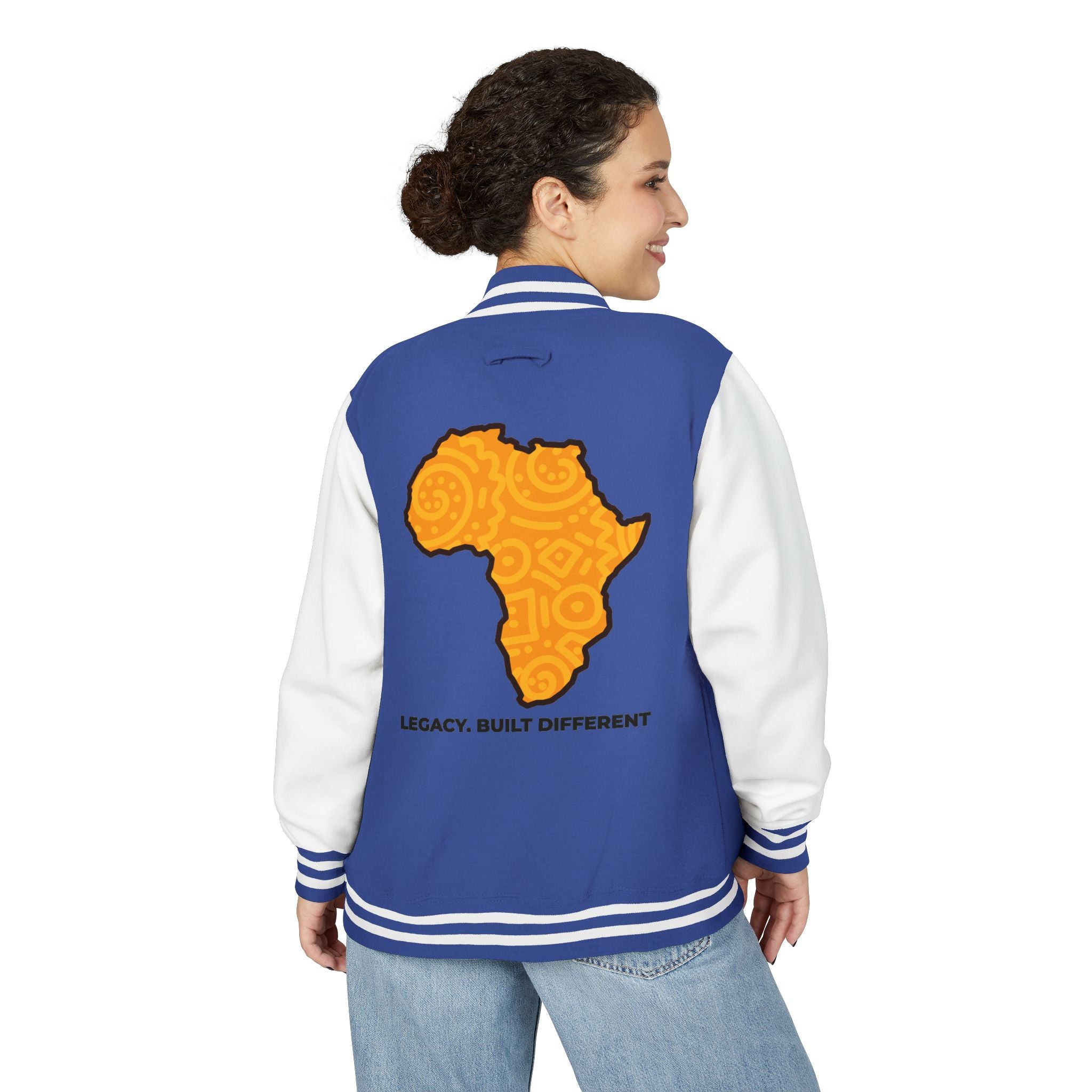Africa Pattern Letterman Jacket — "Legacy. Built Different" Varsity Coat