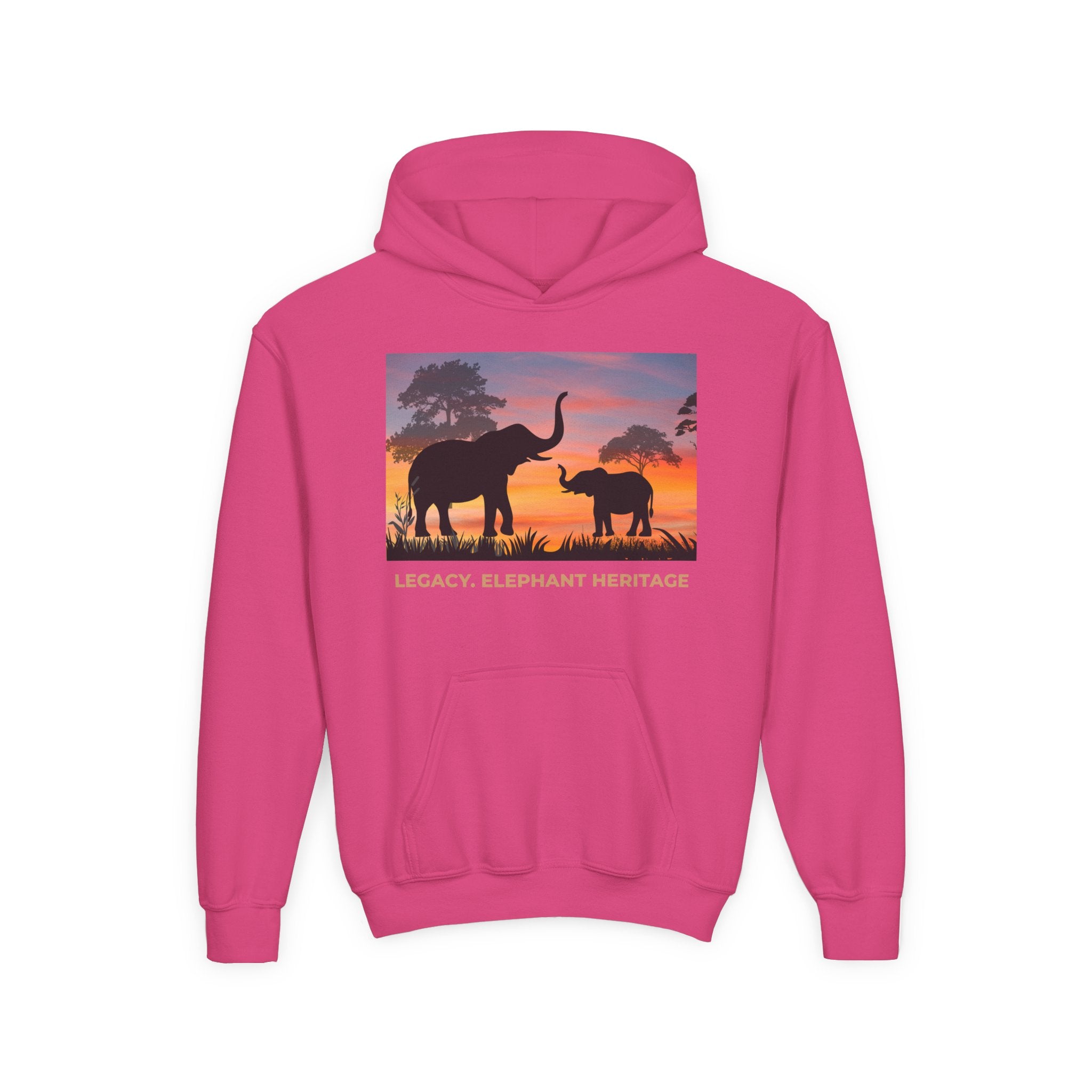 Elephant Sunset Youth Hoodie — "Legacy. Elephant Heritage" Graphic