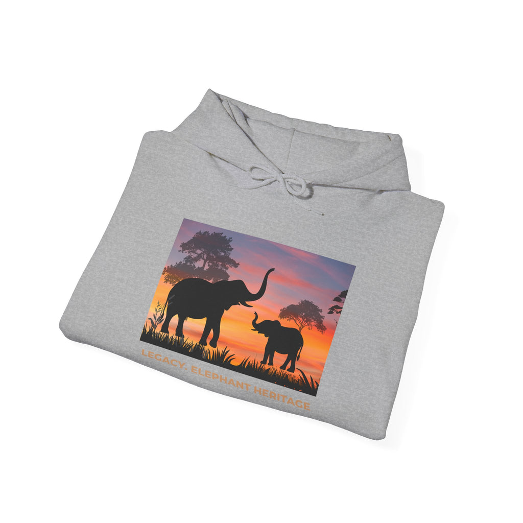Elephant Sunset Hoodie — "Legacy, Elephant Heritage" Graphic Sweatshirt