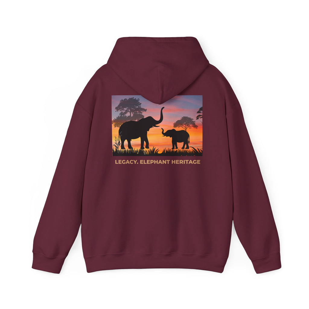 Elephant Heritage Hoodie — Sunset Silhouette "Legacy. Elephant Heritage"