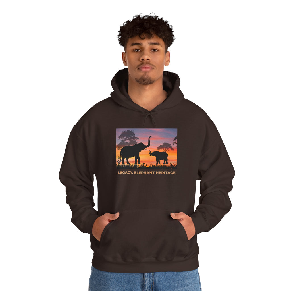 Elephant Heritage Hoodie — Sunset Silhouette "Legacy. Elephant Heritage"
