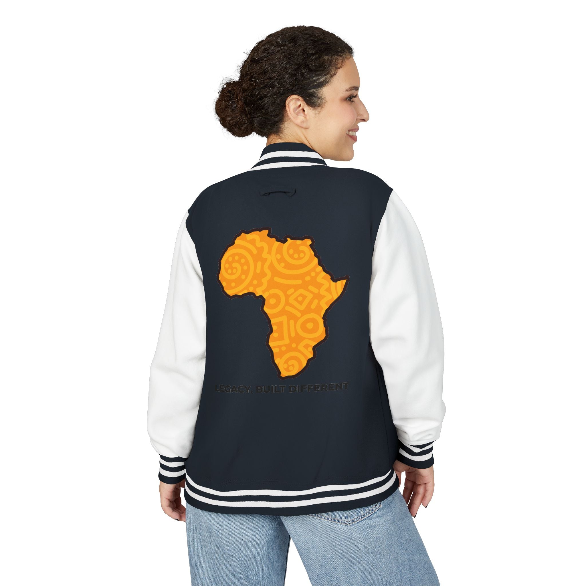 Africa Pattern Letterman Jacket — "Legacy. Built Different" Varsity Coat